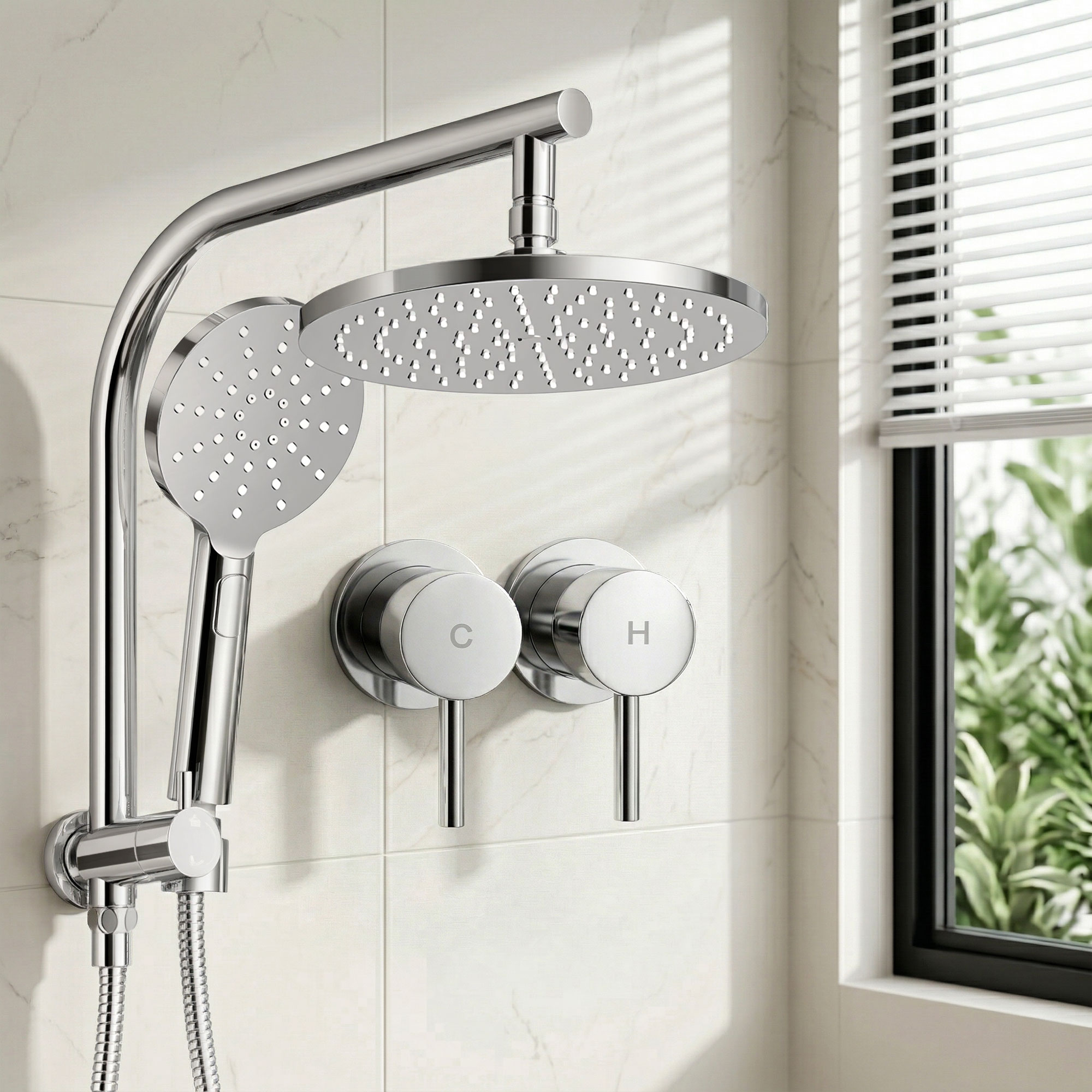 Cefito 9'' Rain Shower Head Set Handheld Round High Pressure Twins Tap Chrome - Image 1