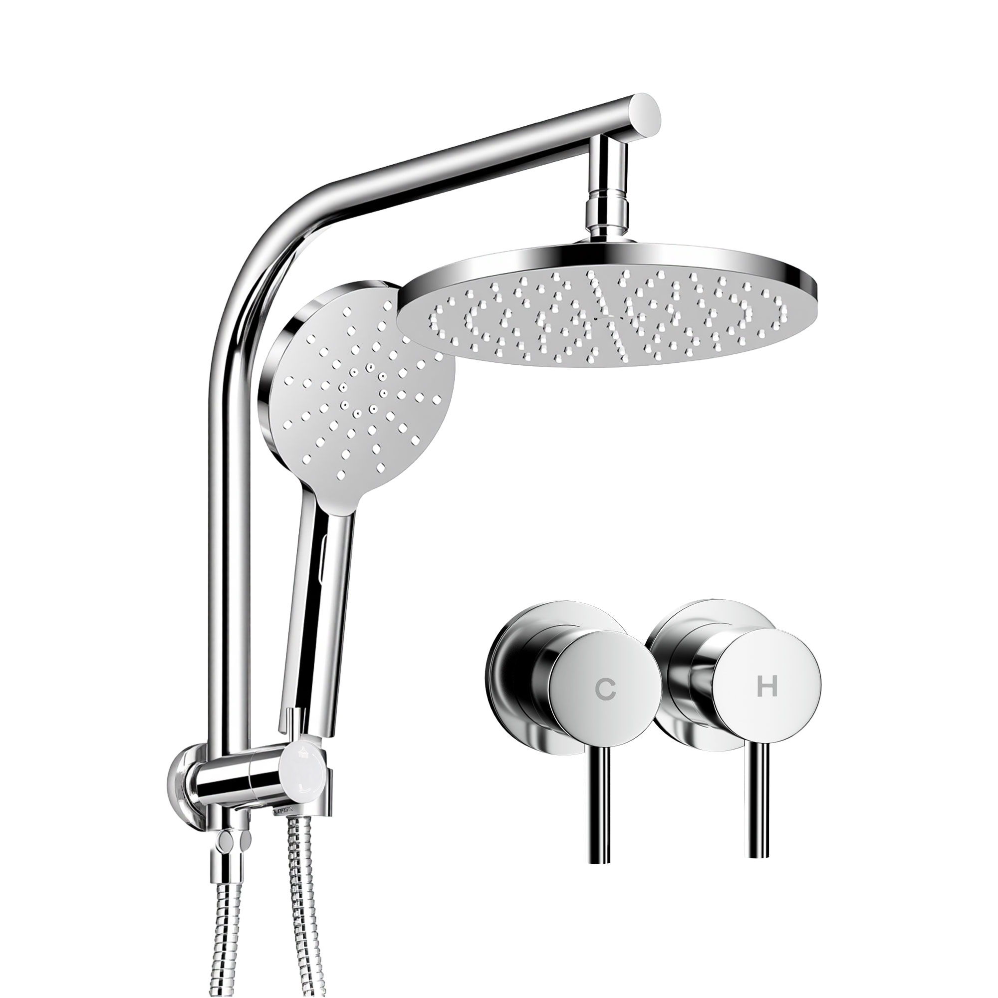 Cefito 9'' Rain Shower Head Set Handheld Round High Pressure Twins Tap Chrome - Image 2