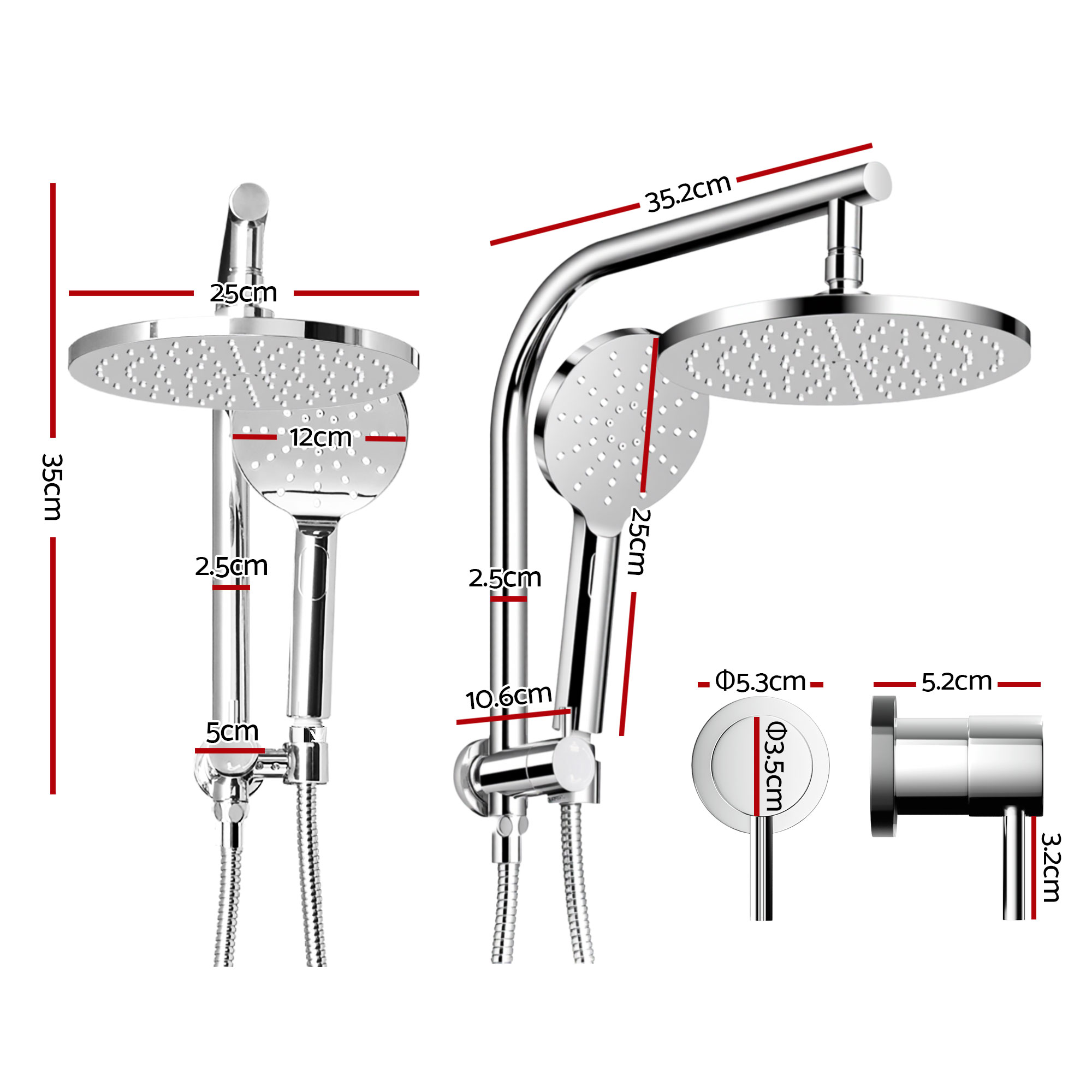 Cefito 9'' Rain Shower Head Set Handheld Round High Pressure Twins Tap Chrome - Image 3