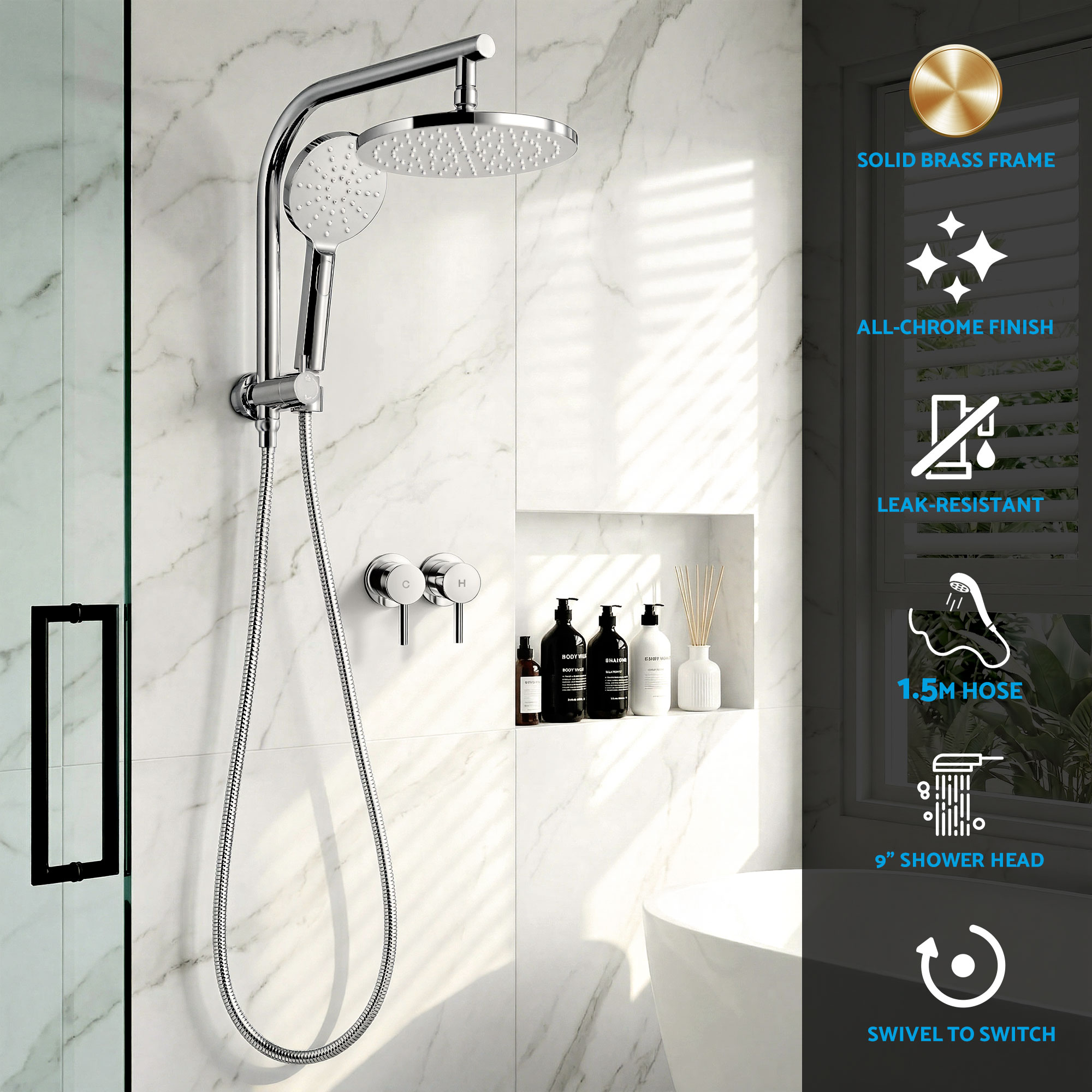 Cefito 9'' Rain Shower Head Set Handheld Round High Pressure Twins Tap Chrome - Image 4