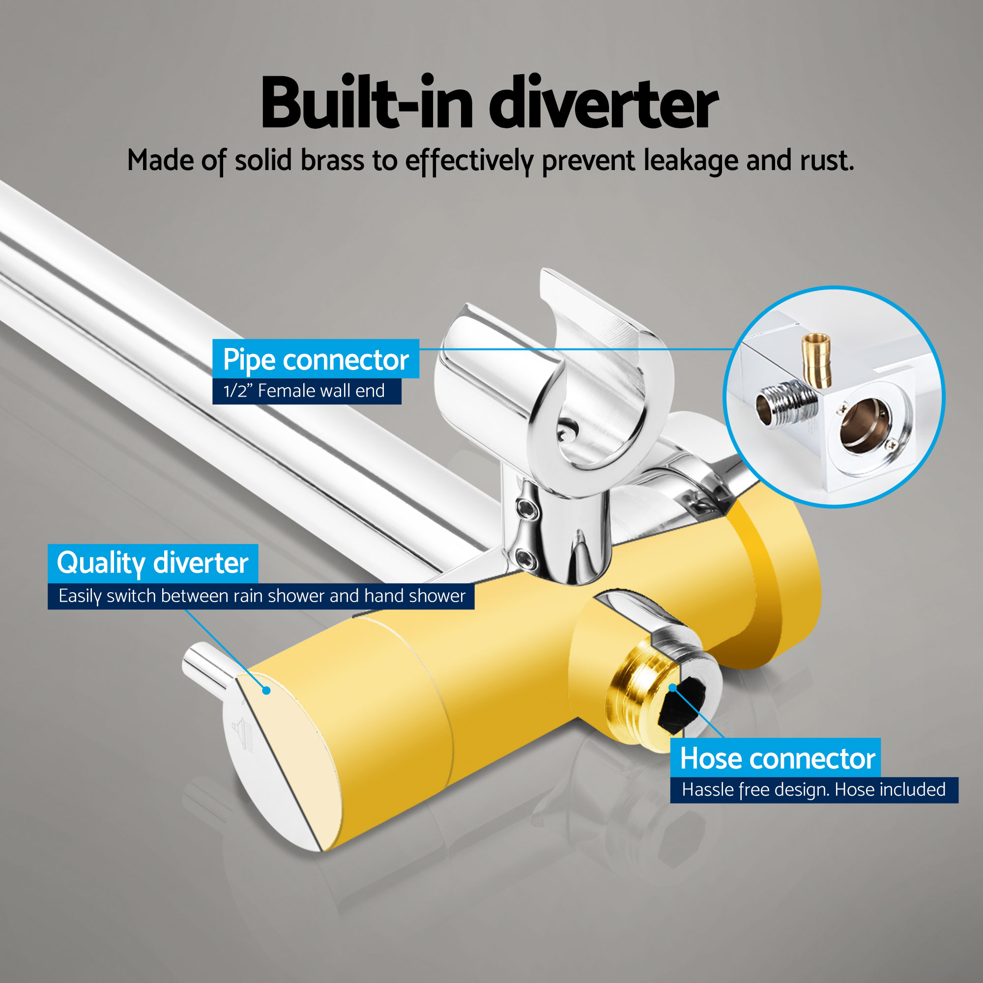 Cefito 9'' Rain Shower Head Set Handheld Round High Pressure Twins Tap Chrome - Image 6