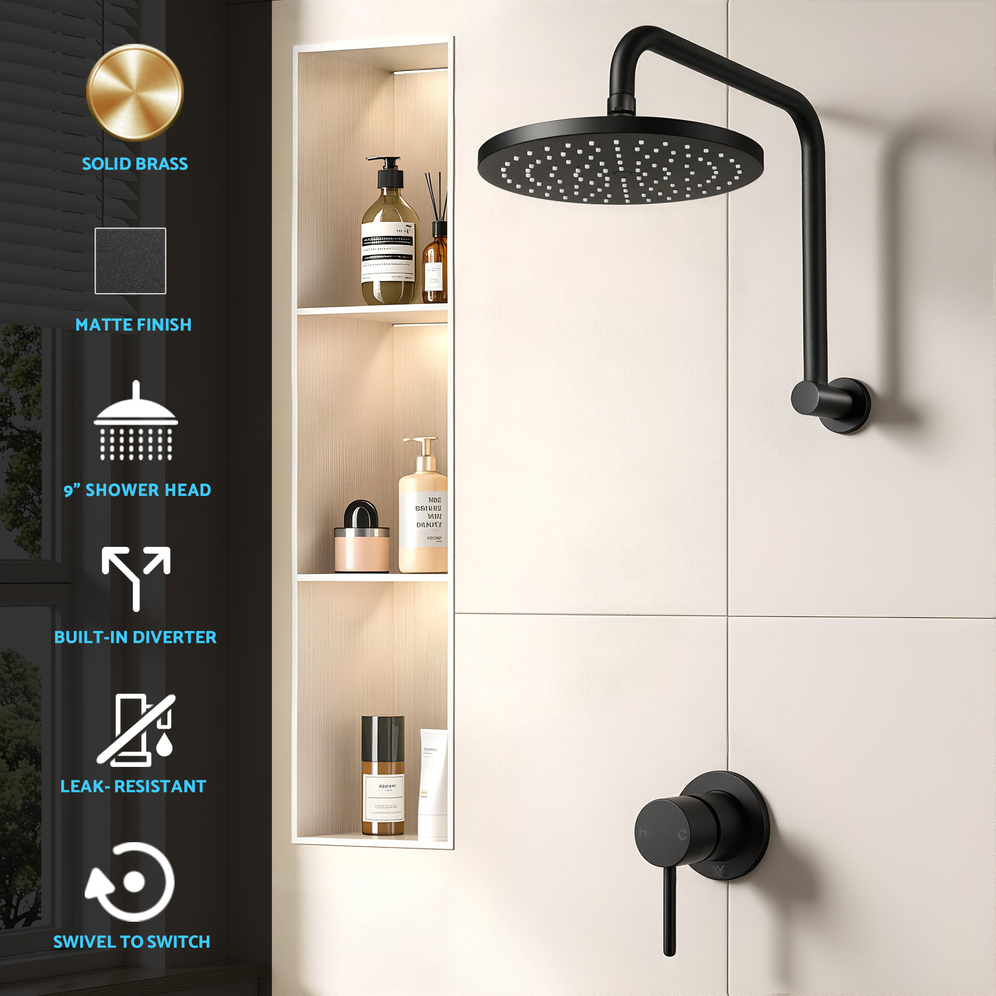Cefito 9'' Rain Overhead Swivel Shower Head with Wall Bathroom Mixer - Image 5