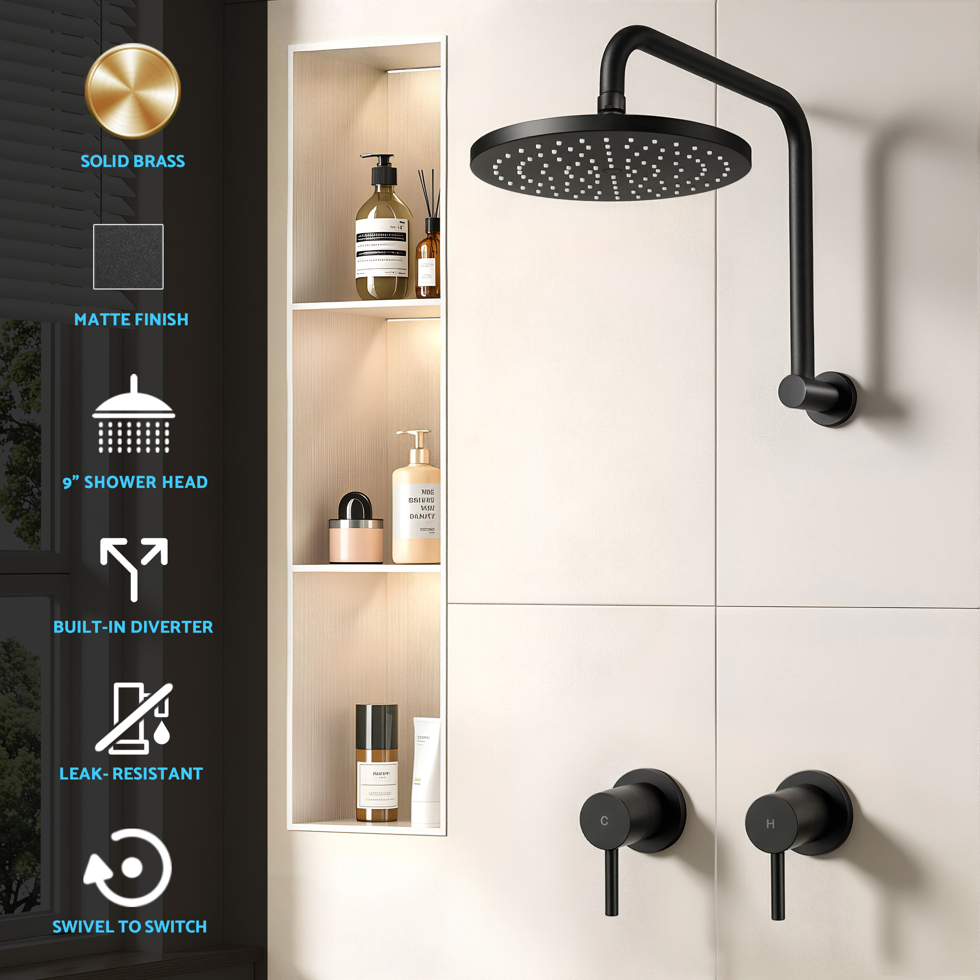 Cefito 9'' Rain Overhead Swivel Shower Head with Wall Twin Swivel Bathroom Tap - Image 5