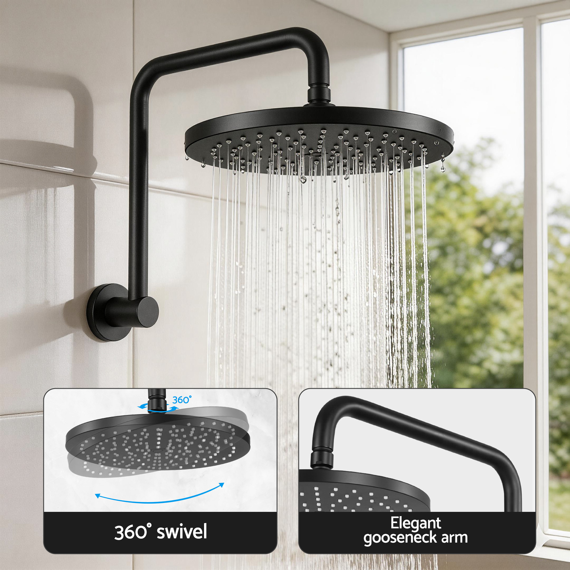 Cefito 9'' Rain Overhead Swivel Shower Head with Wall Twin Swivel Bathroom Tap - Image 6