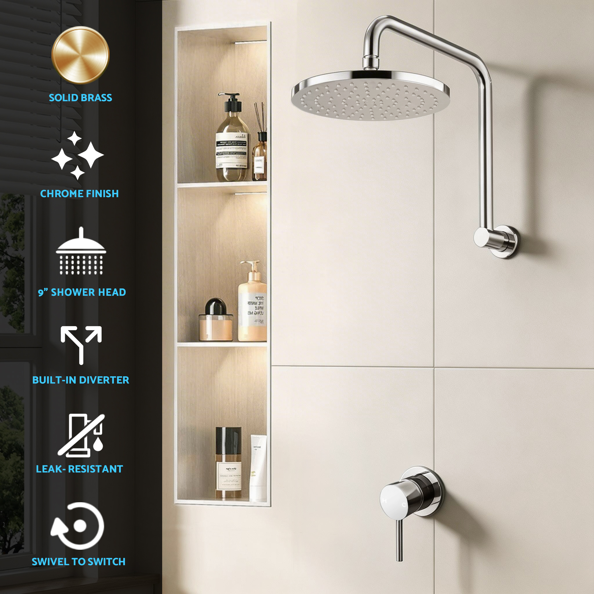 Cefito 9'' Rain Overhead Swivel Shower Head with Wall Bathroom Mixer Silver - Image 5