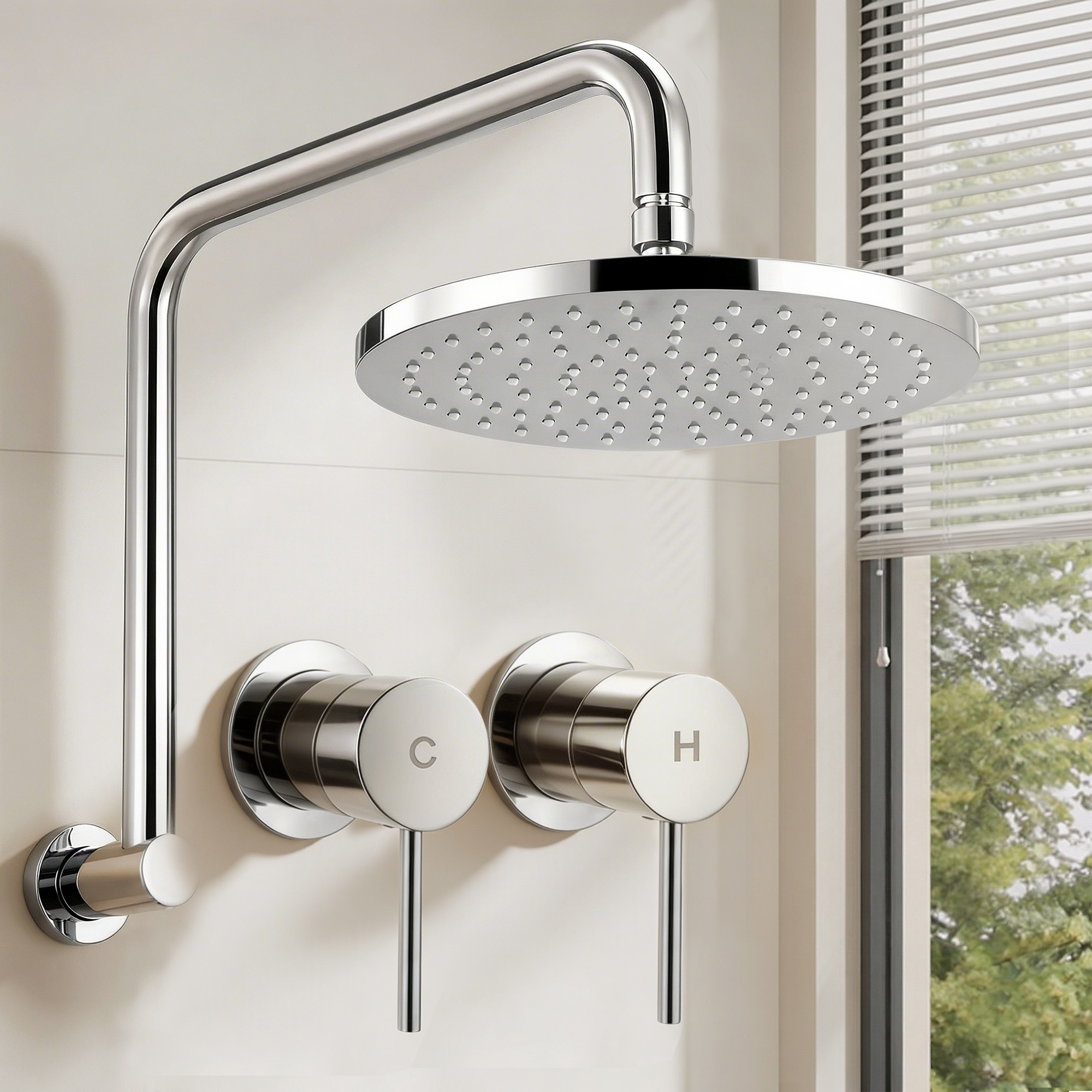 Cefito 9'' Rain Overhead Swivel Shower Head with Wall Twin Swivel Bathroom Tap Silver - Image 1