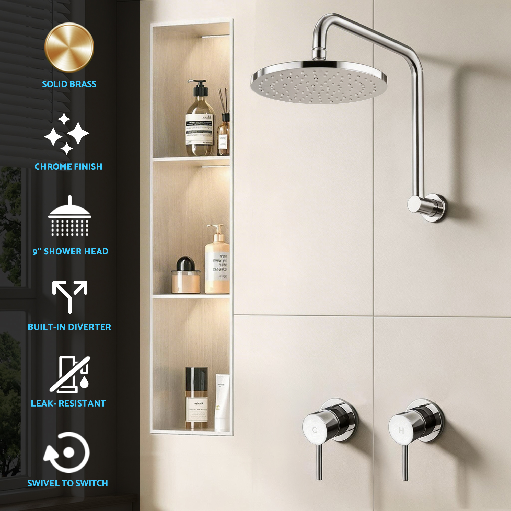 Cefito 9'' Rain Overhead Swivel Shower Head with Wall Twin Swivel Bathroom Tap Silver - Image 5
