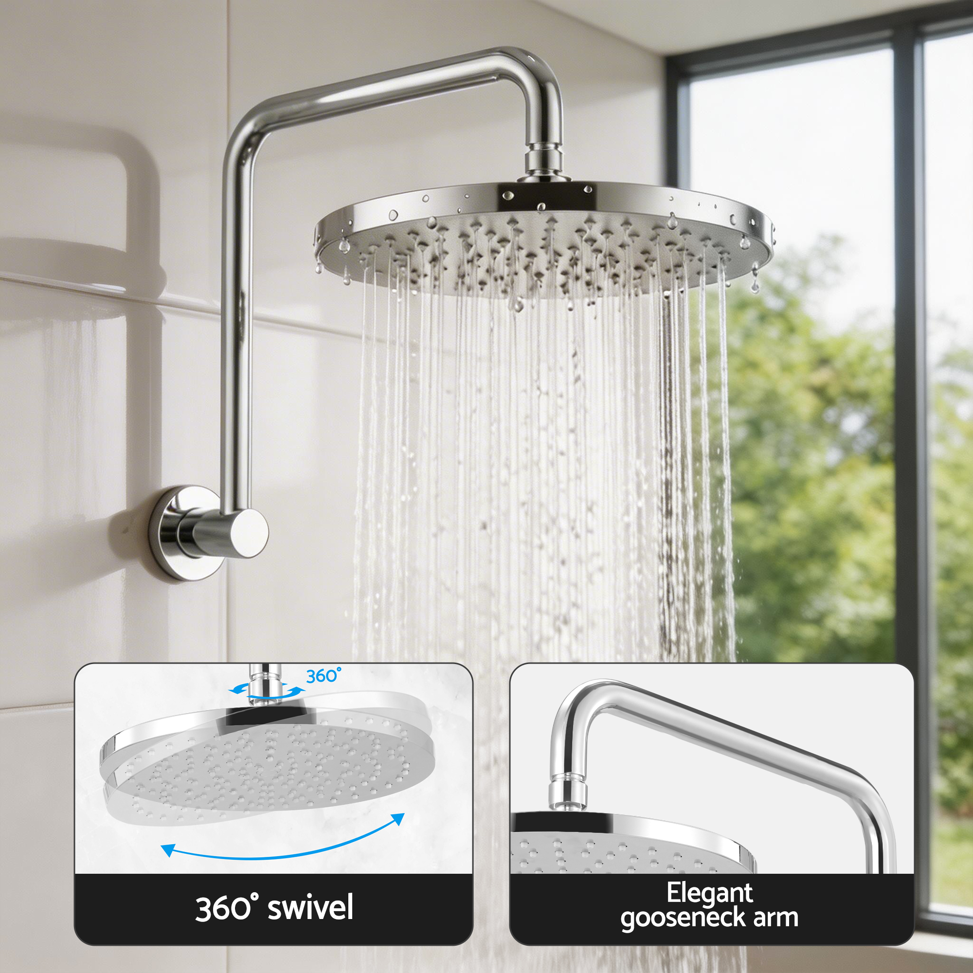 Cefito 9'' Rain Overhead Swivel Shower Head with Wall Twin Swivel Bathroom Tap Silver - Image 6