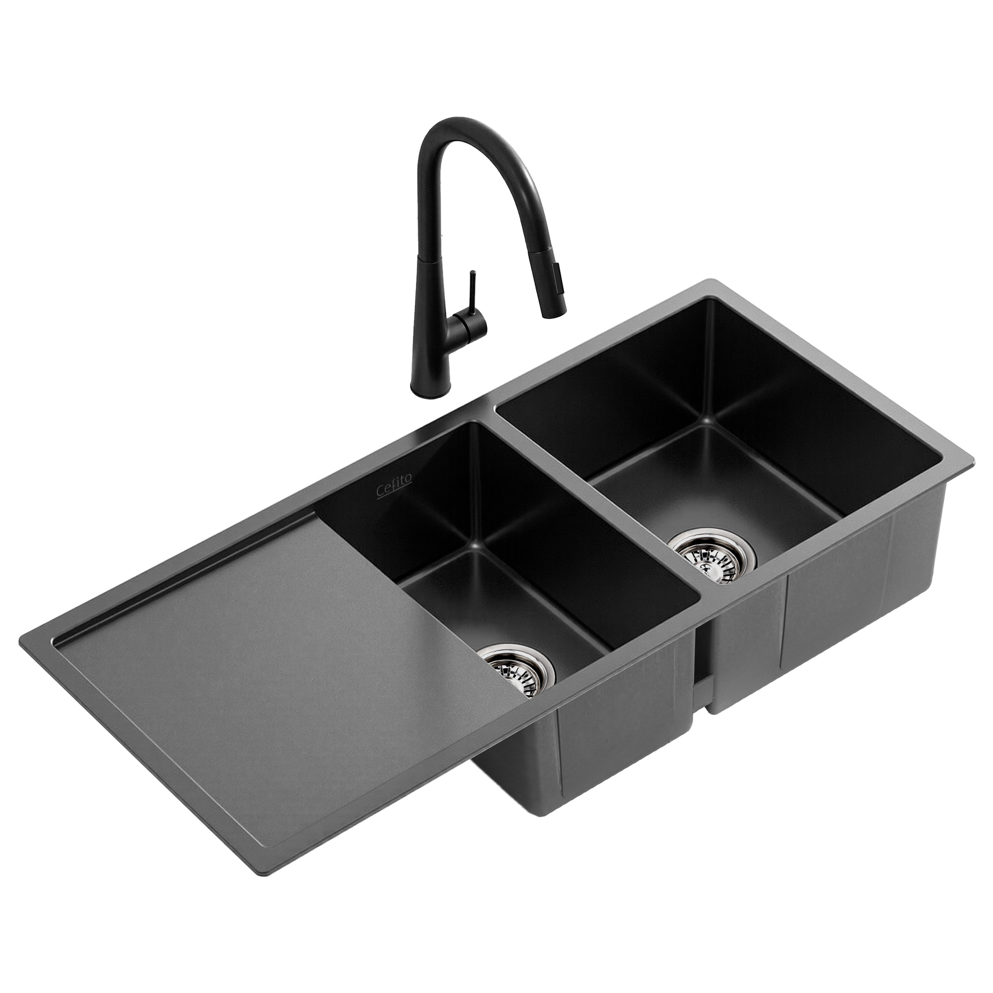 Cefito Stainless Steel Sink 100x45CM With Pull Out Mixer Tap Kitchen Basin Double Bowl Black - Image 1