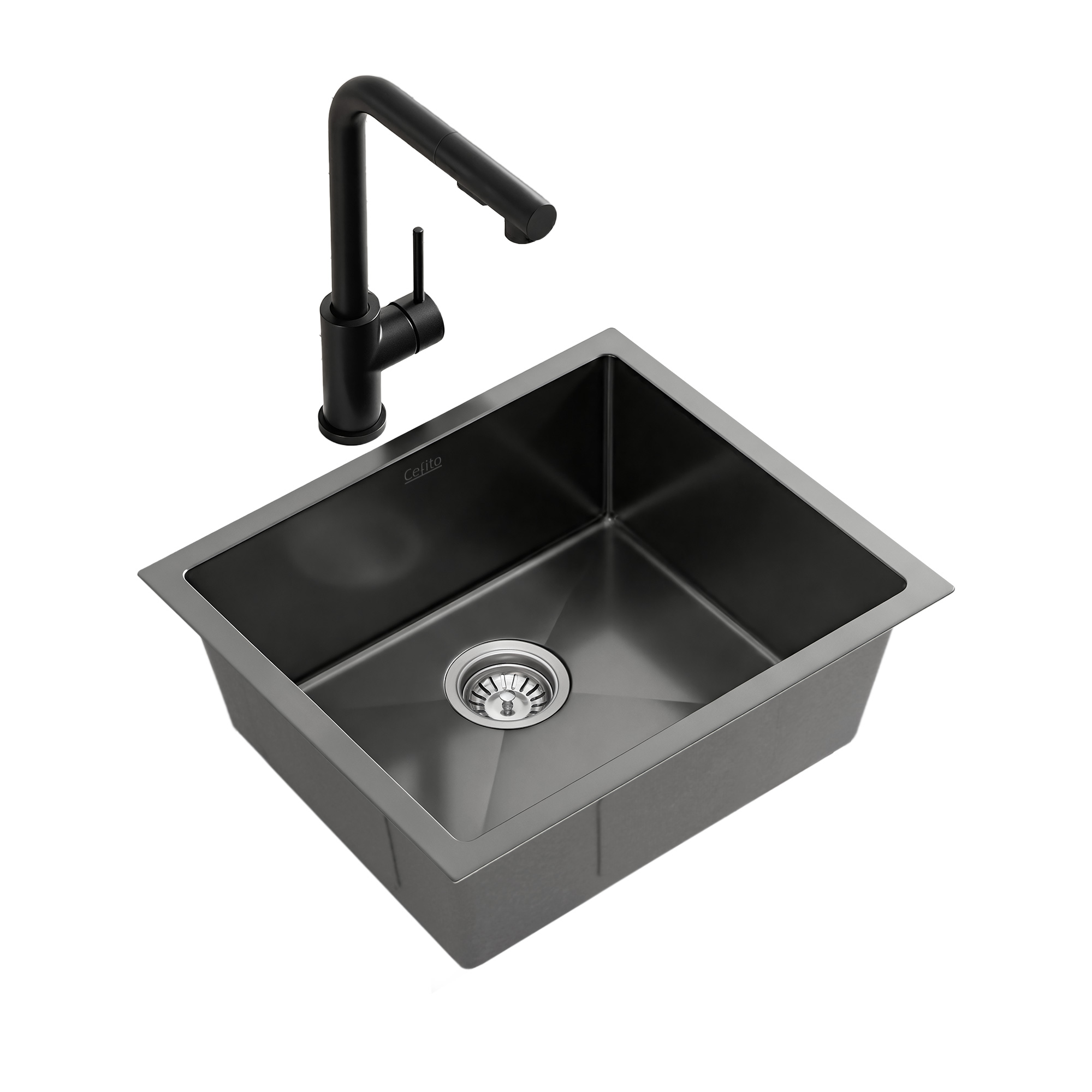 Cefito Stainless Steel Sink 44x44CM With Pull Out Mixer Tap Kitchen Basin Single Bowl Black - Image 1