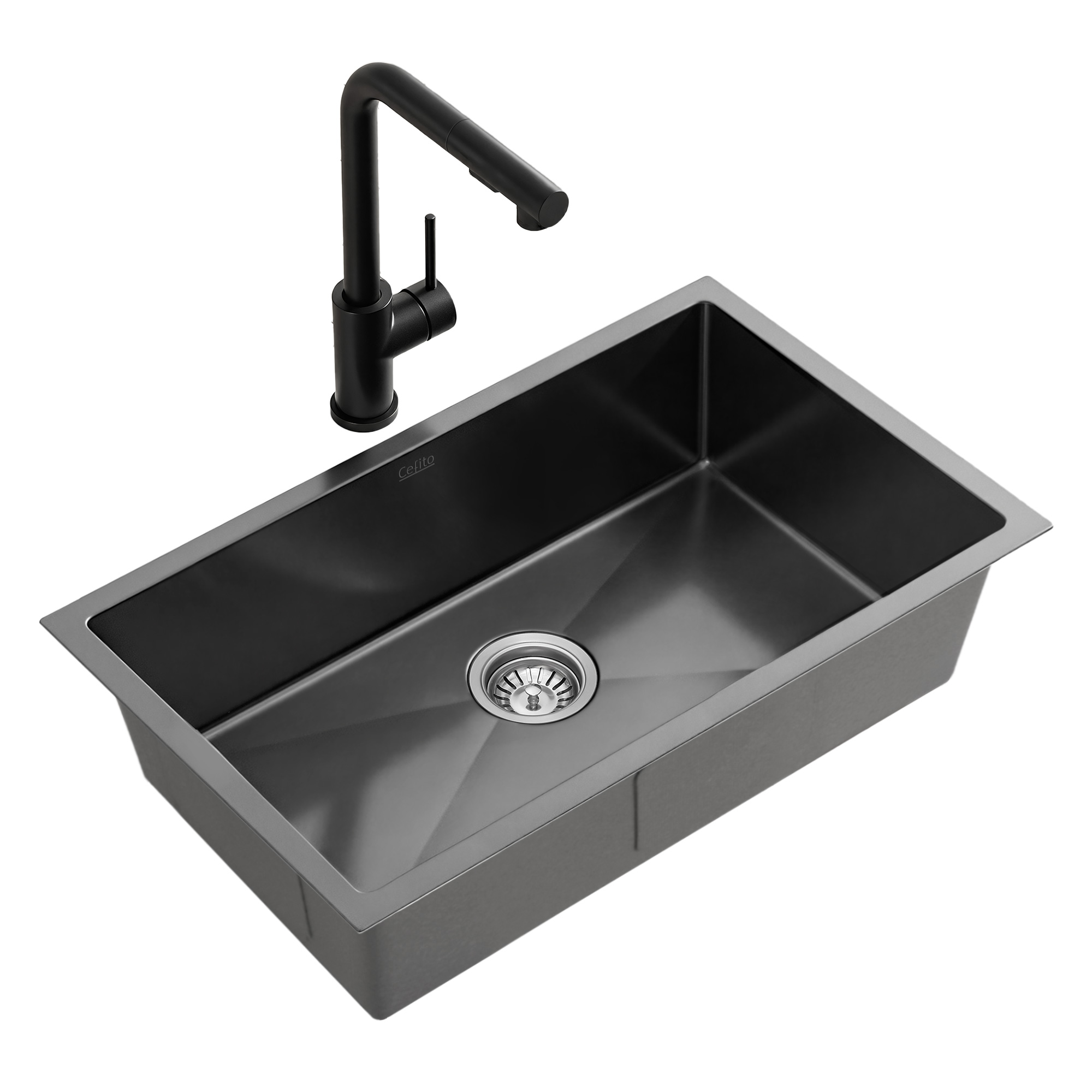 Cefito Stainless Steel Sink 60x45CM With Pull Out Mixer Tap Kitchen Basin Single Bowl Black - Image 1