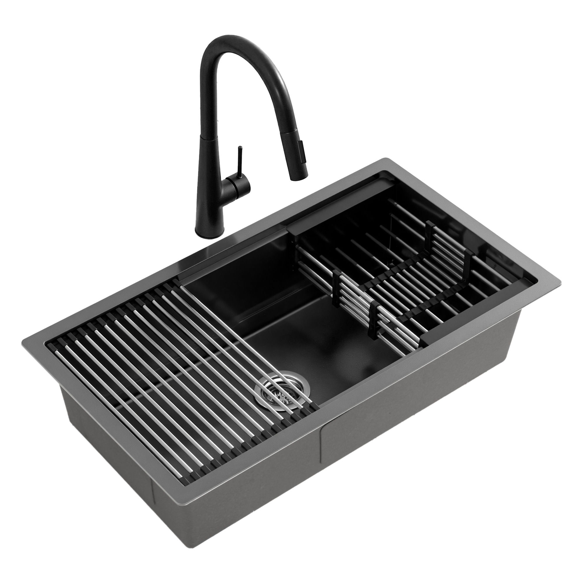 Cefito Stainless Steel Sink 70x45CM With Pull Out Mixer Tap Kitchen Basin Single Bowl Black - Image 1
