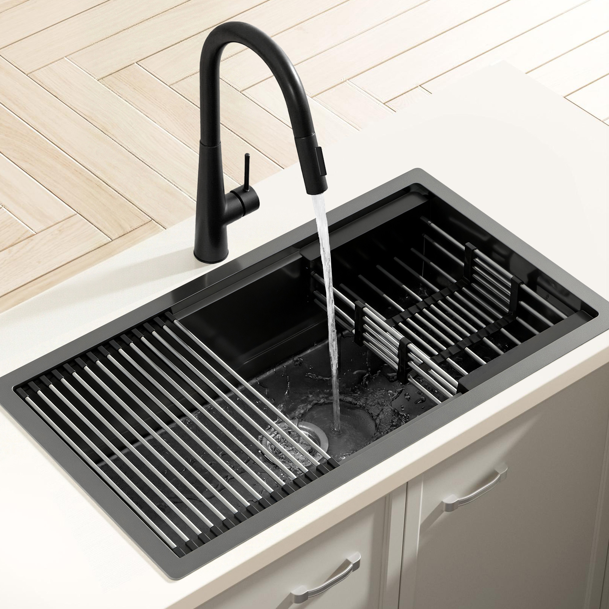 Cefito Stainless Steel Sink 70x45CM With Pull Out Mixer Tap Kitchen Basin Single Bowl Black - Image 7