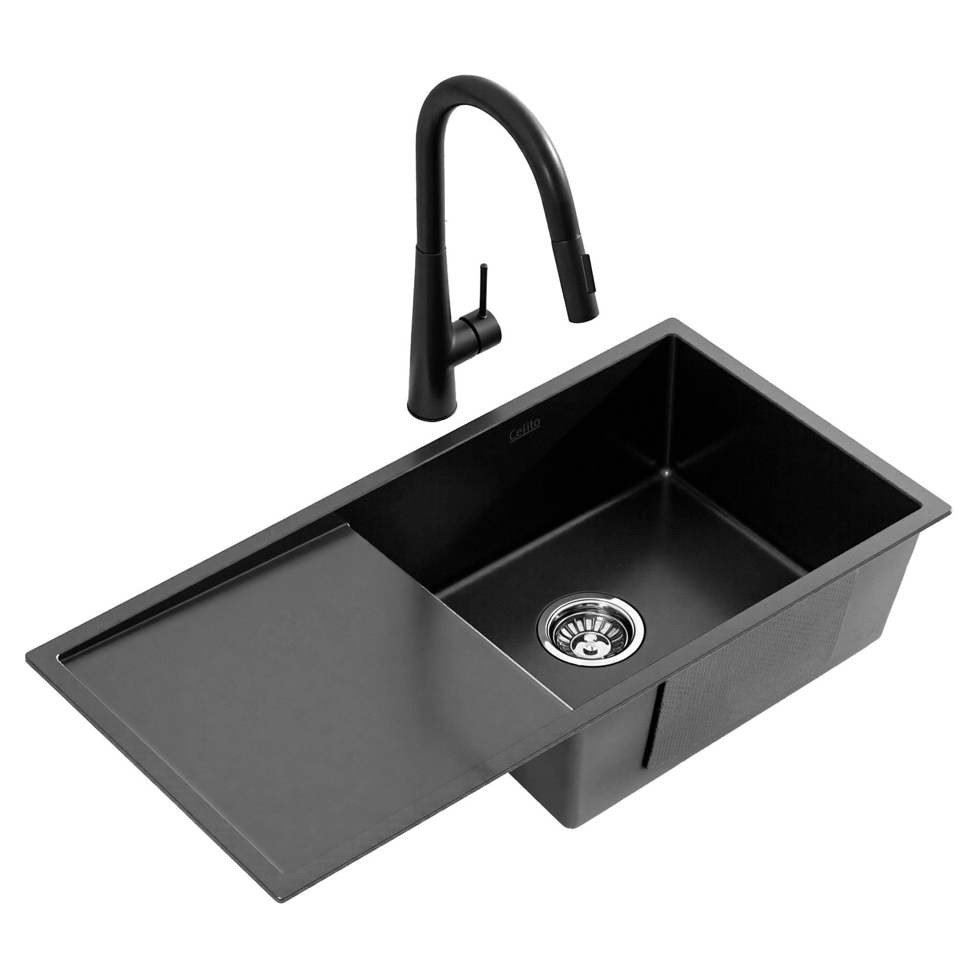 Cefito Stainless Steel Sink 75x45CM With Pull Out Mixer Tap Kitchen Basin Single Bowl Black - Image 1