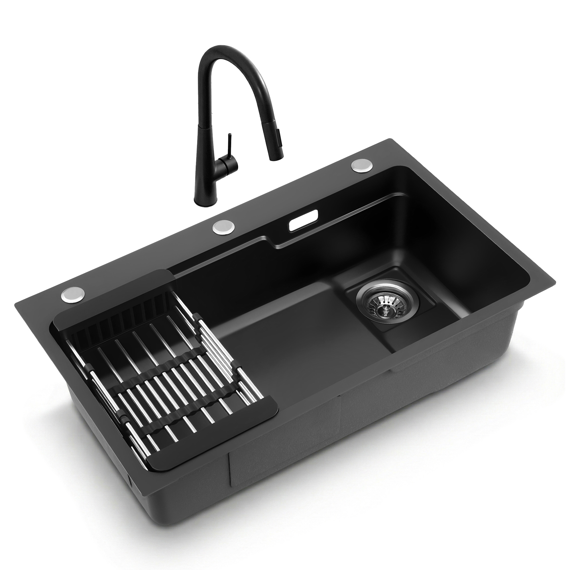Cefito Stainless Steel Sink 75x45CM With Pull Out Mixer Tap Kitchen Basin Single Bowl Black - Image 1