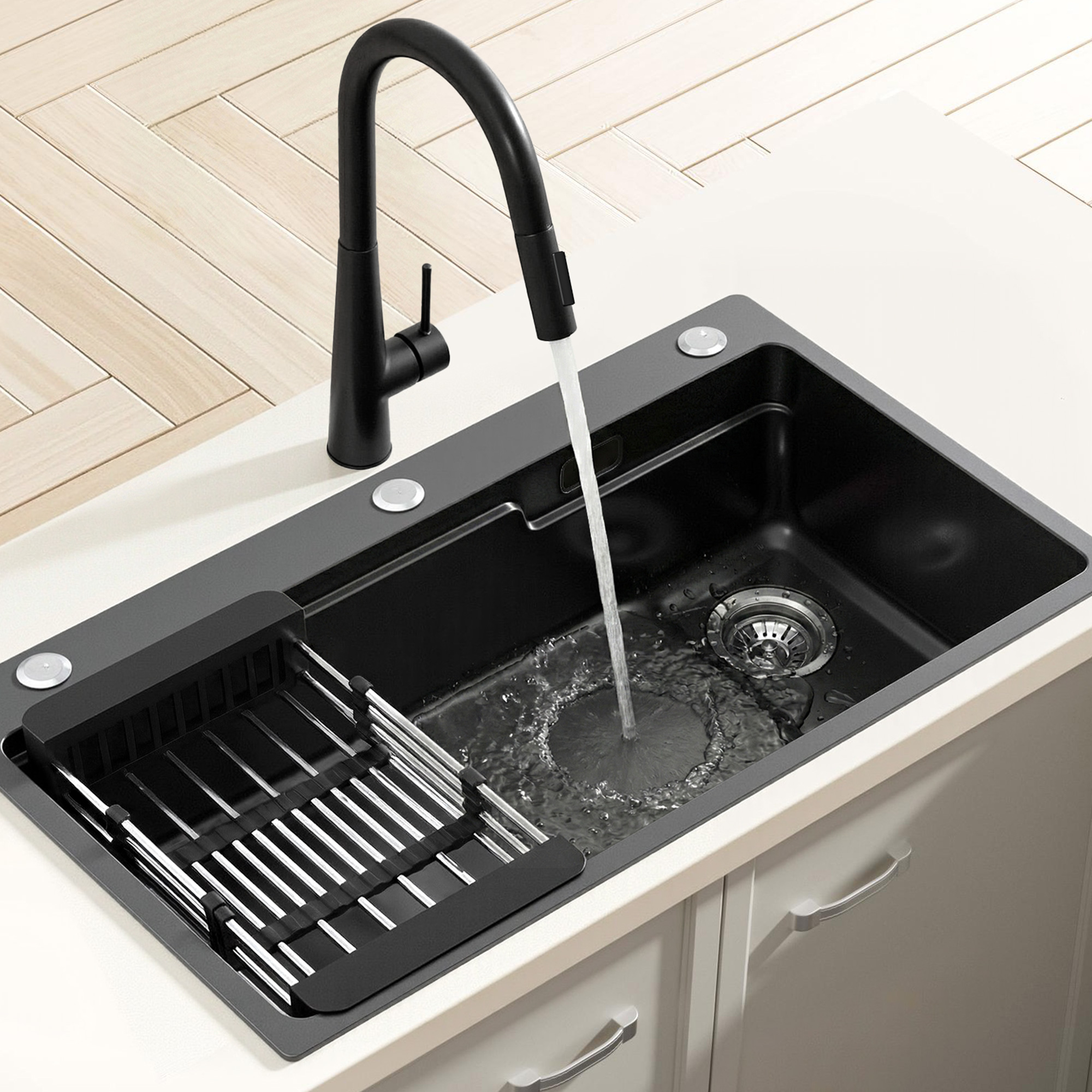 Cefito Stainless Steel Sink 75x45CM With Pull Out Mixer Tap Kitchen Basin Single Bowl Black - Image 7