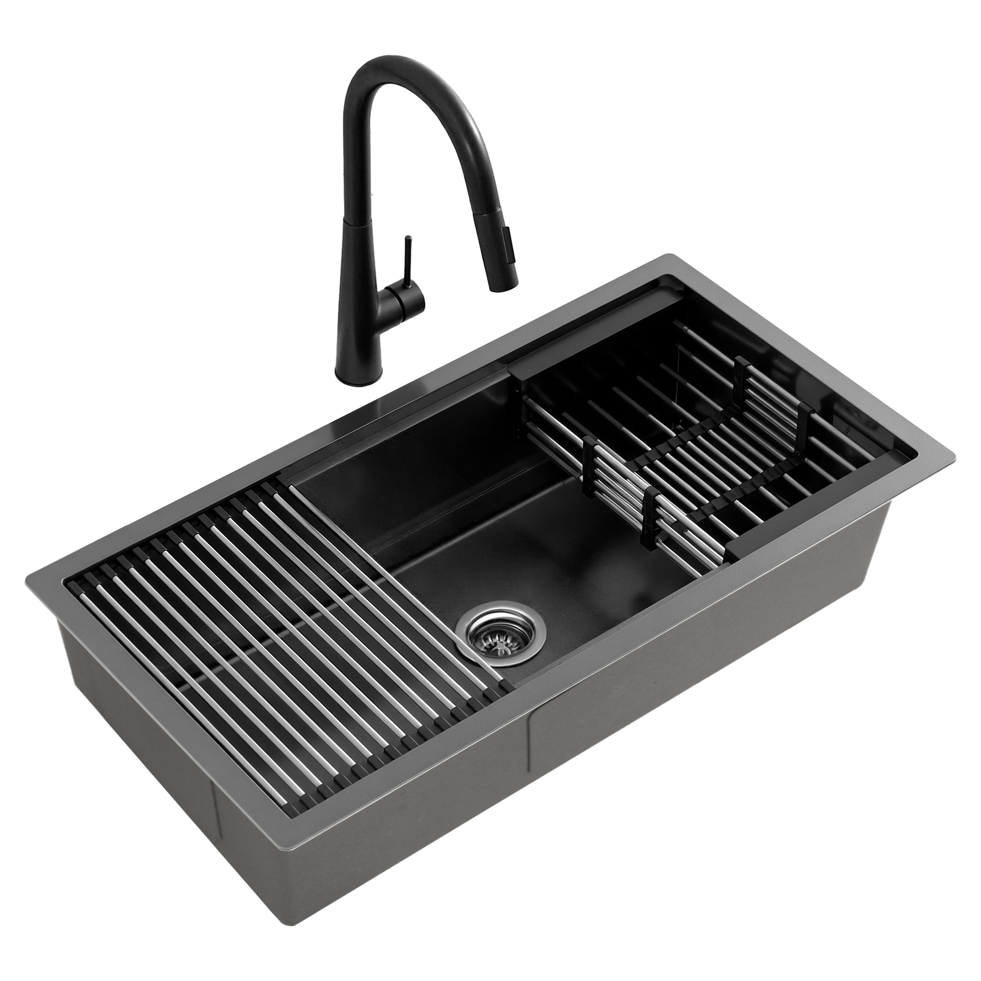 Cefito Stainless Steel Sink 81x45CM With Pull Out Mixer Tap Kitchen Basin Single Bowl Black - Image 1
