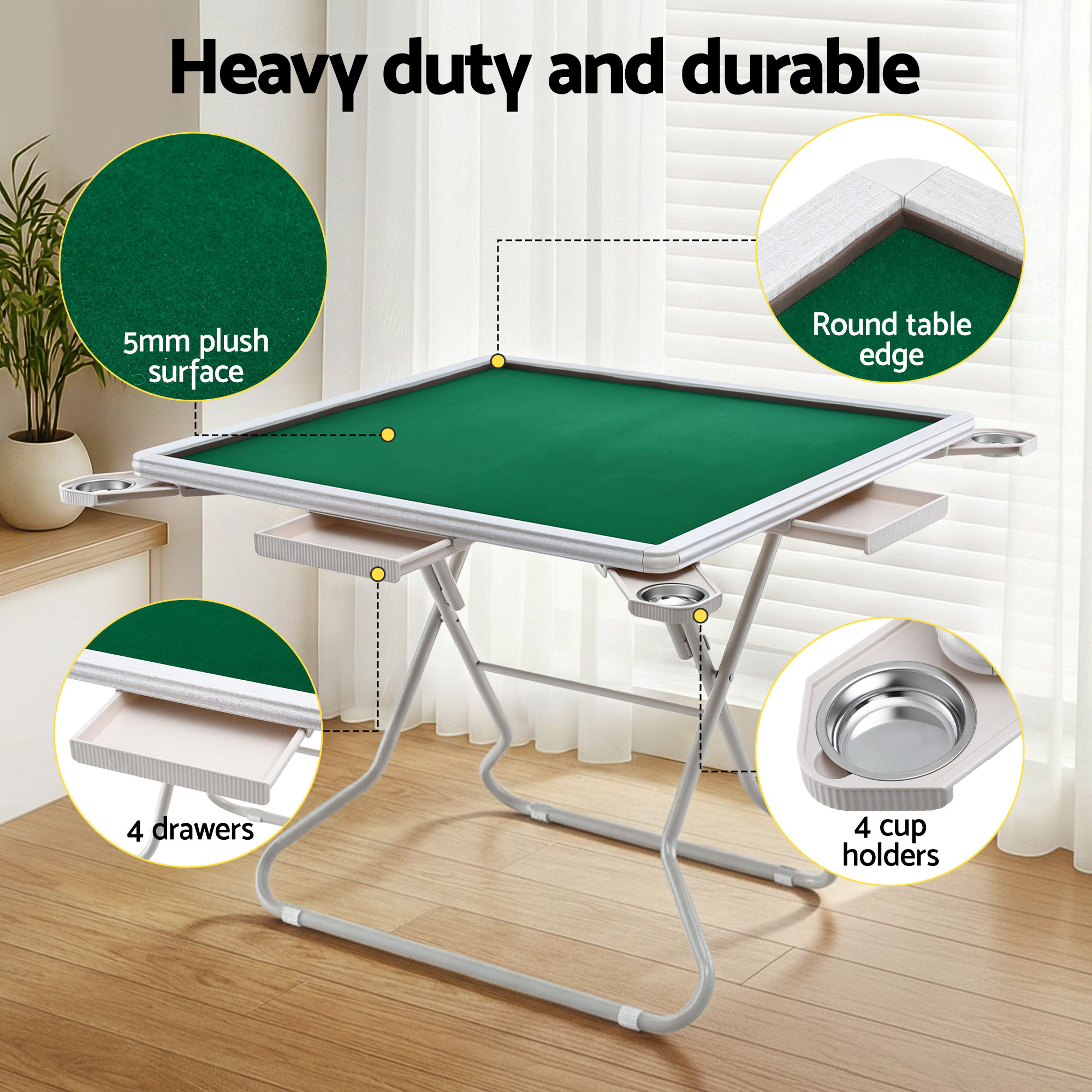 Folding Mahjong Table for Home with 4 Drawers and Cup Holders Green - Image 4