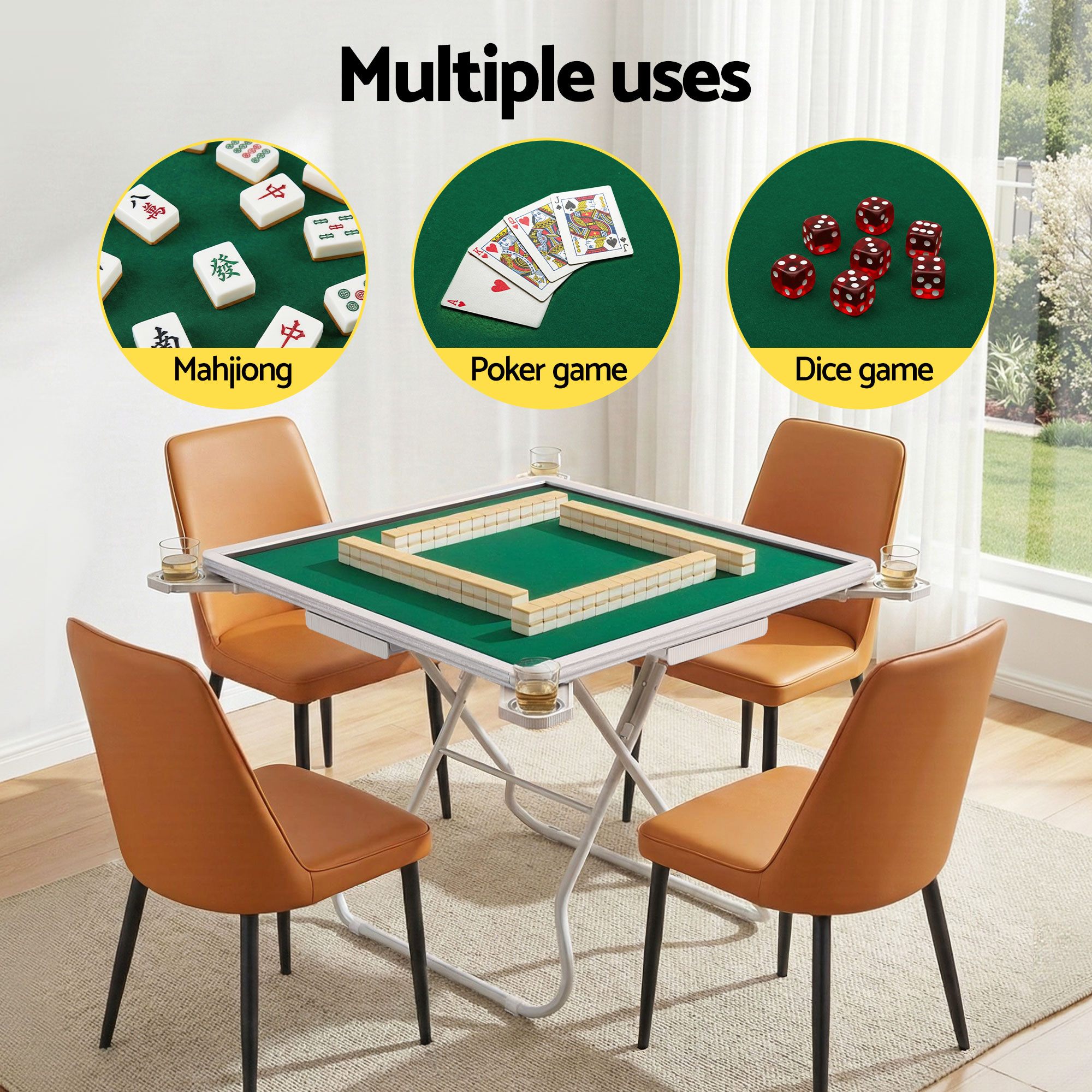 Folding Mahjong Table for Home with 4 Drawers and Cup Holders Green - Image 6