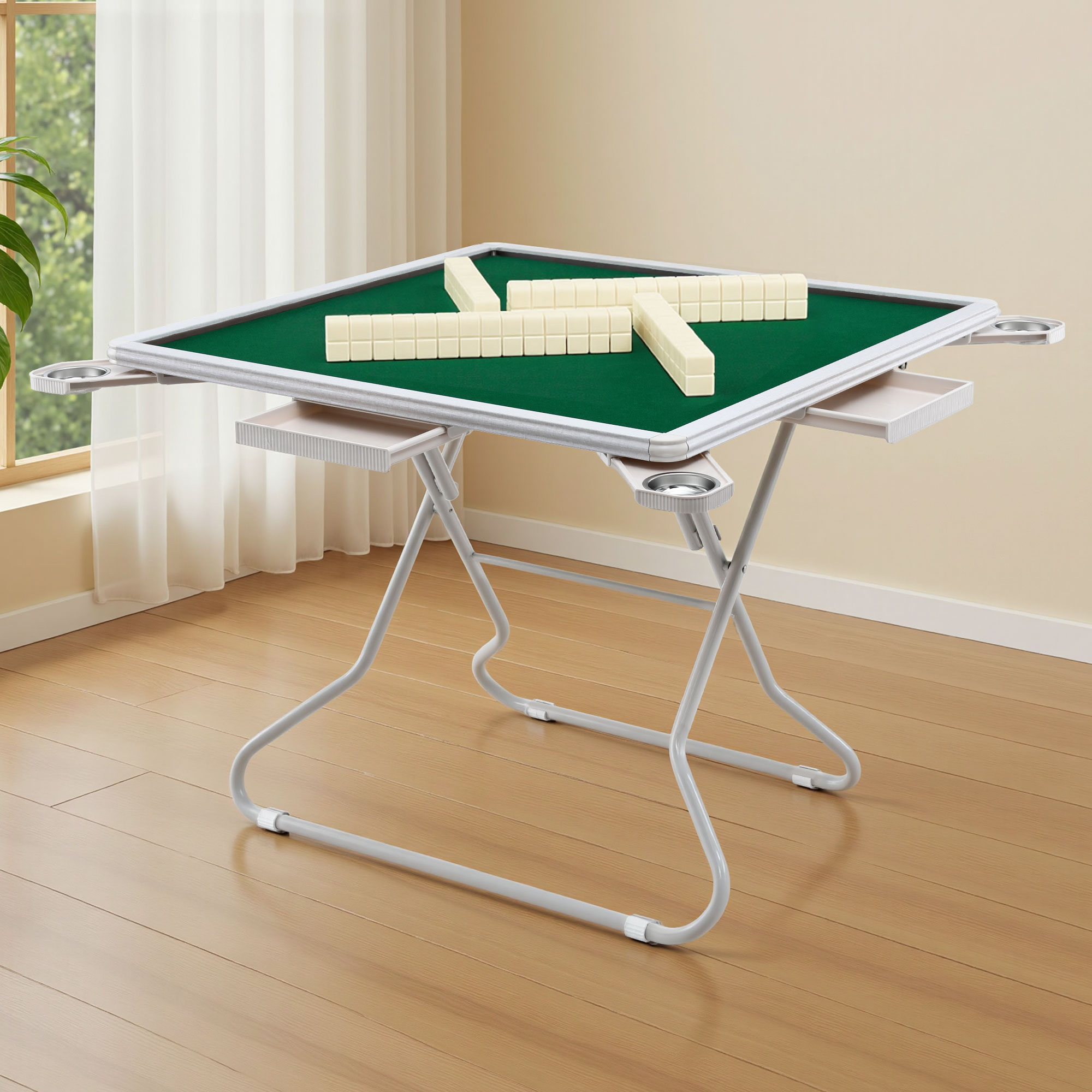 Folding Mahjong Table for Home with 4 Drawers and Cup Holders Green - Image 7