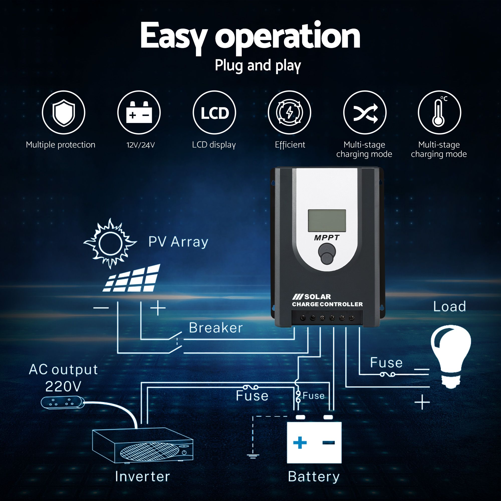 Giantz 50A MPPT Solar Charge Controller Auto 12V/24V Battery Regulator Bluetooth - Image 4