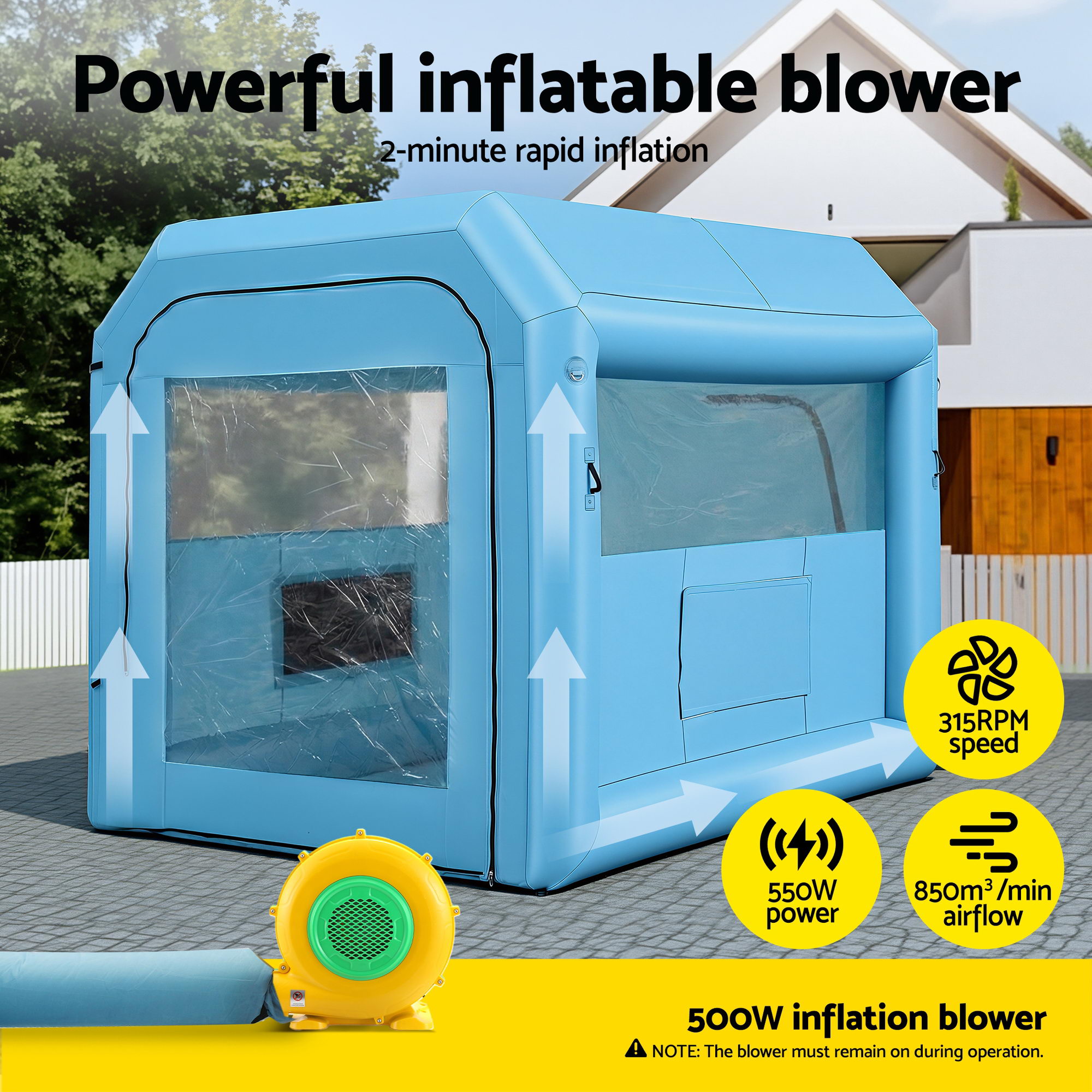 Giantz Inflatable Paint Booth 2.5X2.5X3M Inflatable Spray Booth with 550W Powerful Blower and Air Filter System, Round Roof with Light Hook, for Painting Bicycle, Motorcycle, Furniture Refinishing DIY - Image 6