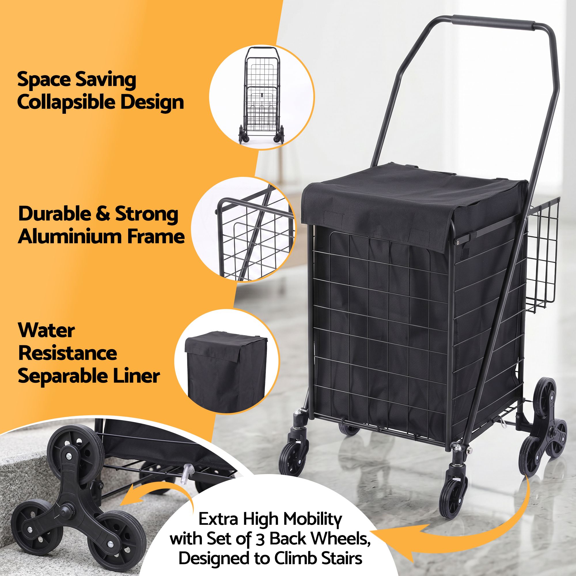 Emajin Shopping Trolley Cart Folding Aluminium Utility Cart Black - Image 5