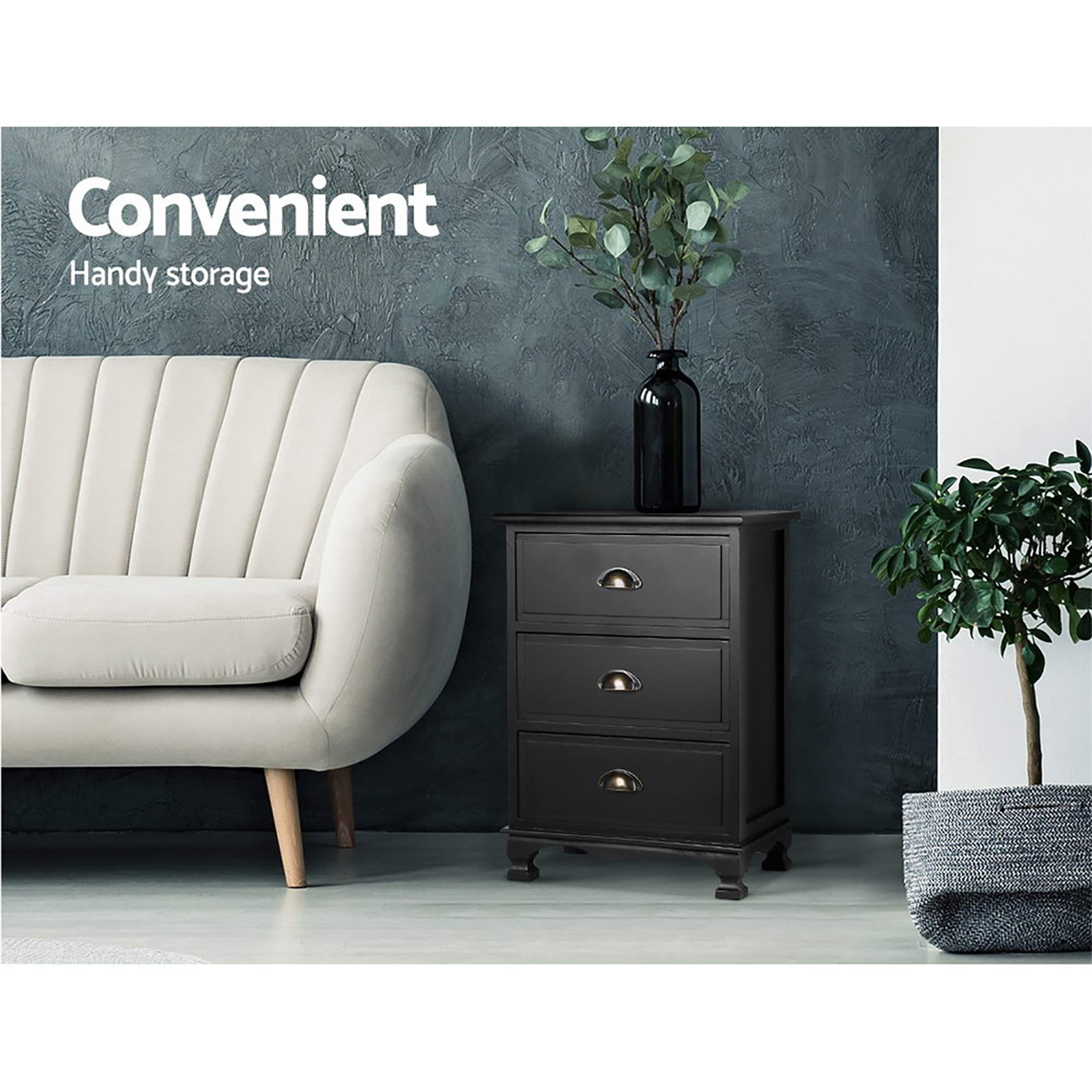 Artiss 2x Bedside Table 3 Drawers Vintage - THYME Black - Image 4