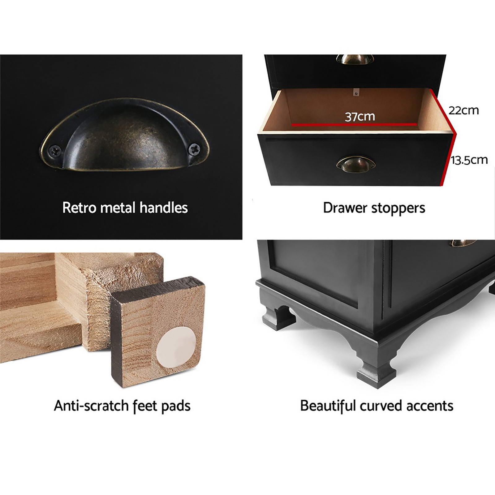 Artiss 2x Bedside Table 3 Drawers Vintage - THYME Black - Image 7
