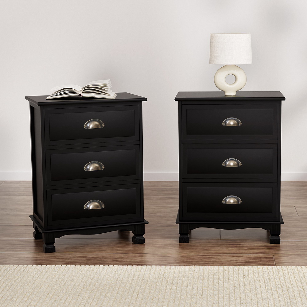 Artiss 2x Bedside Table 3 Drawers Vintage - THYME Black - Image 8