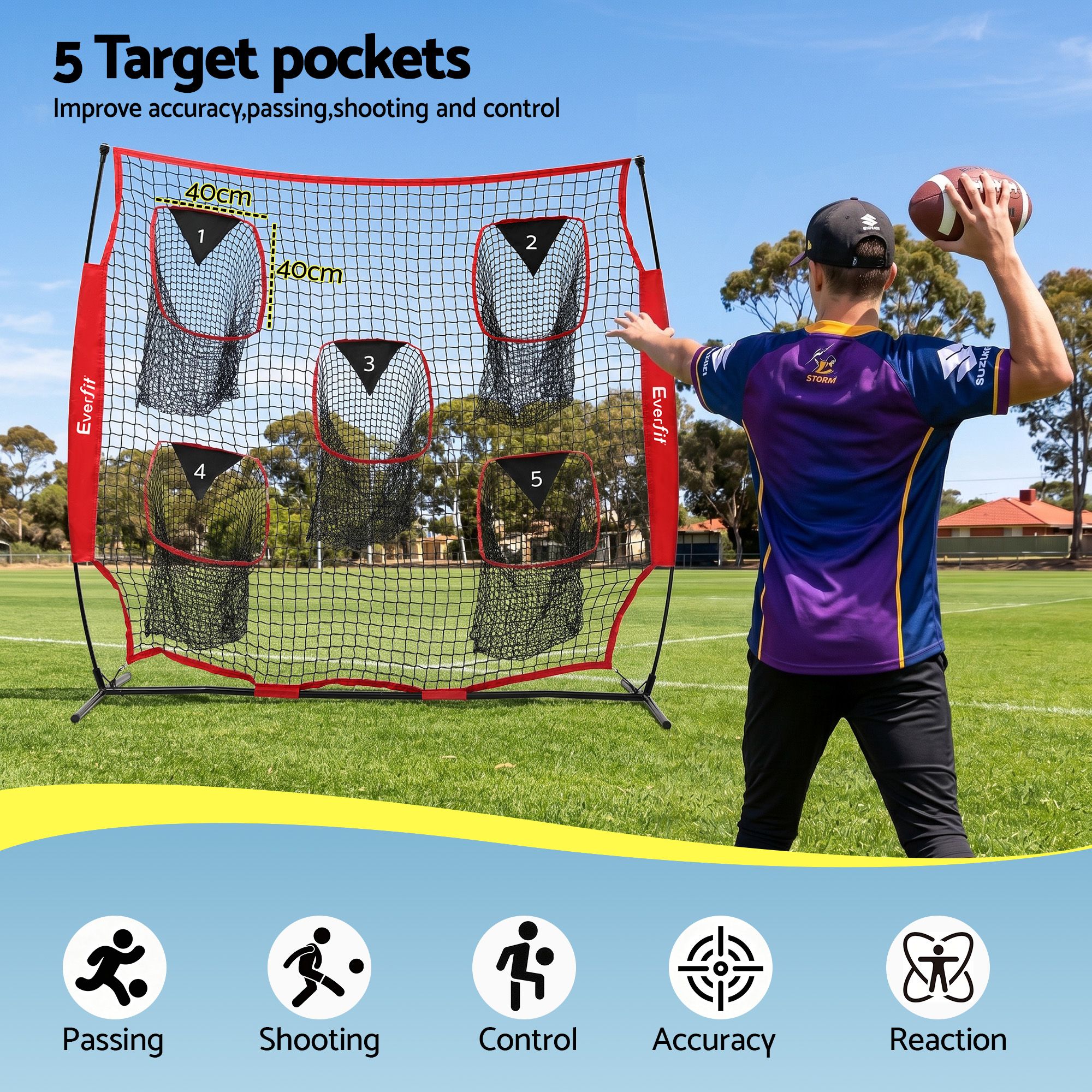Everfit 1.8m Football Training Net 5 Target Portable Soccer Goal Nets Rebounder - Image 2