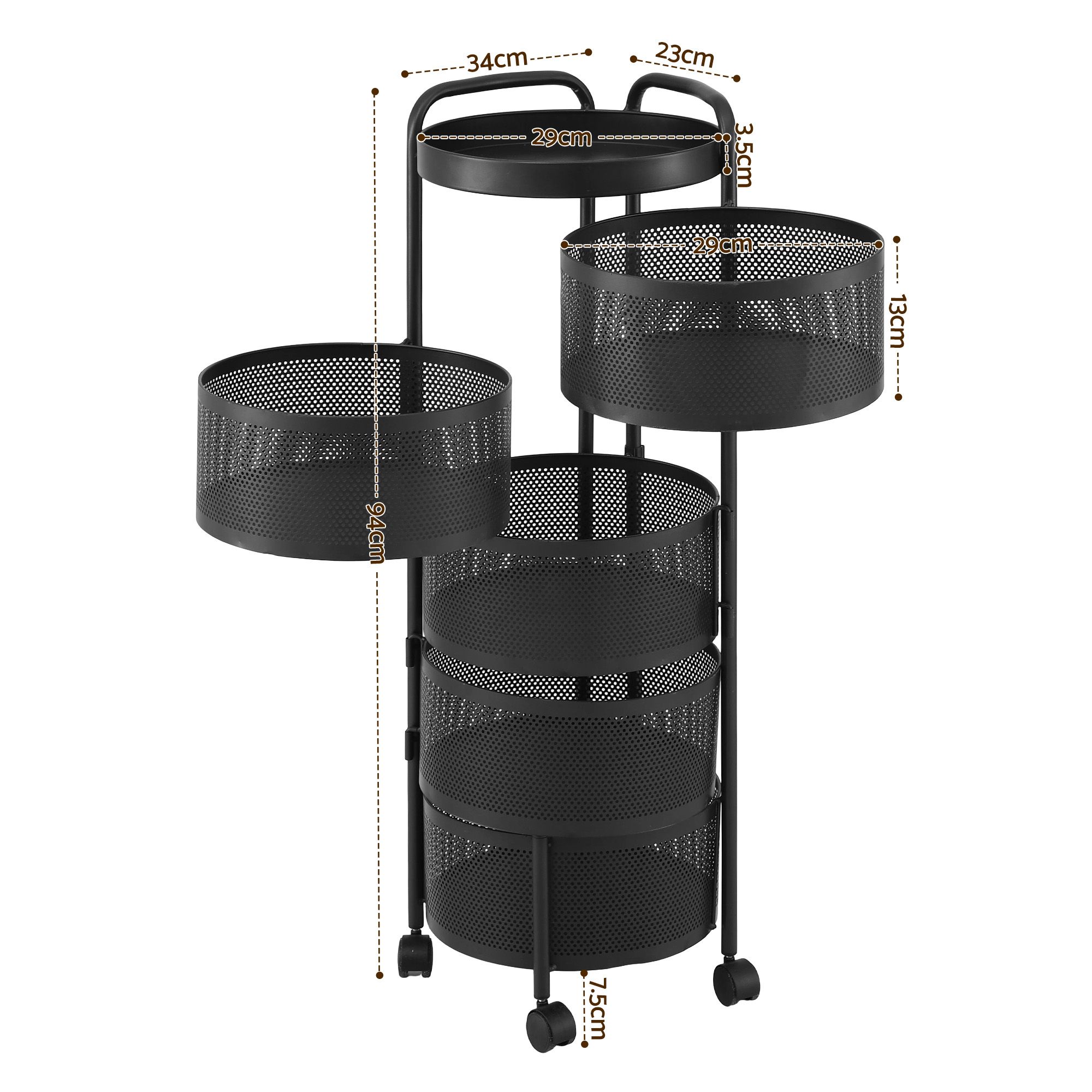 Artiss Storage Trolley Kitchen Cart 5 Tiers Storage Rack Round Basket Black - Image 3