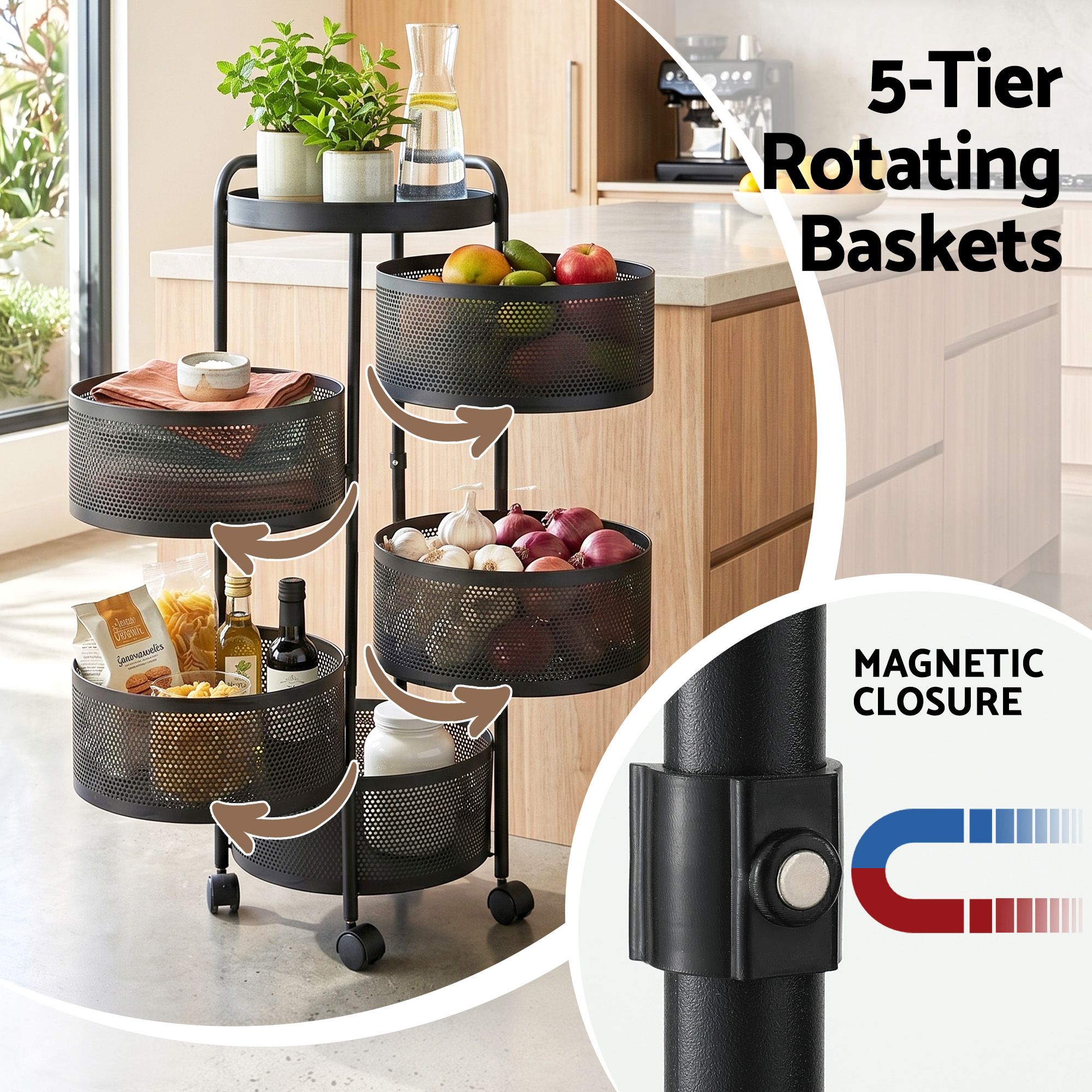Artiss Storage Trolley Kitchen Cart 5 Tiers Storage Rack Round Basket Black - Image 5