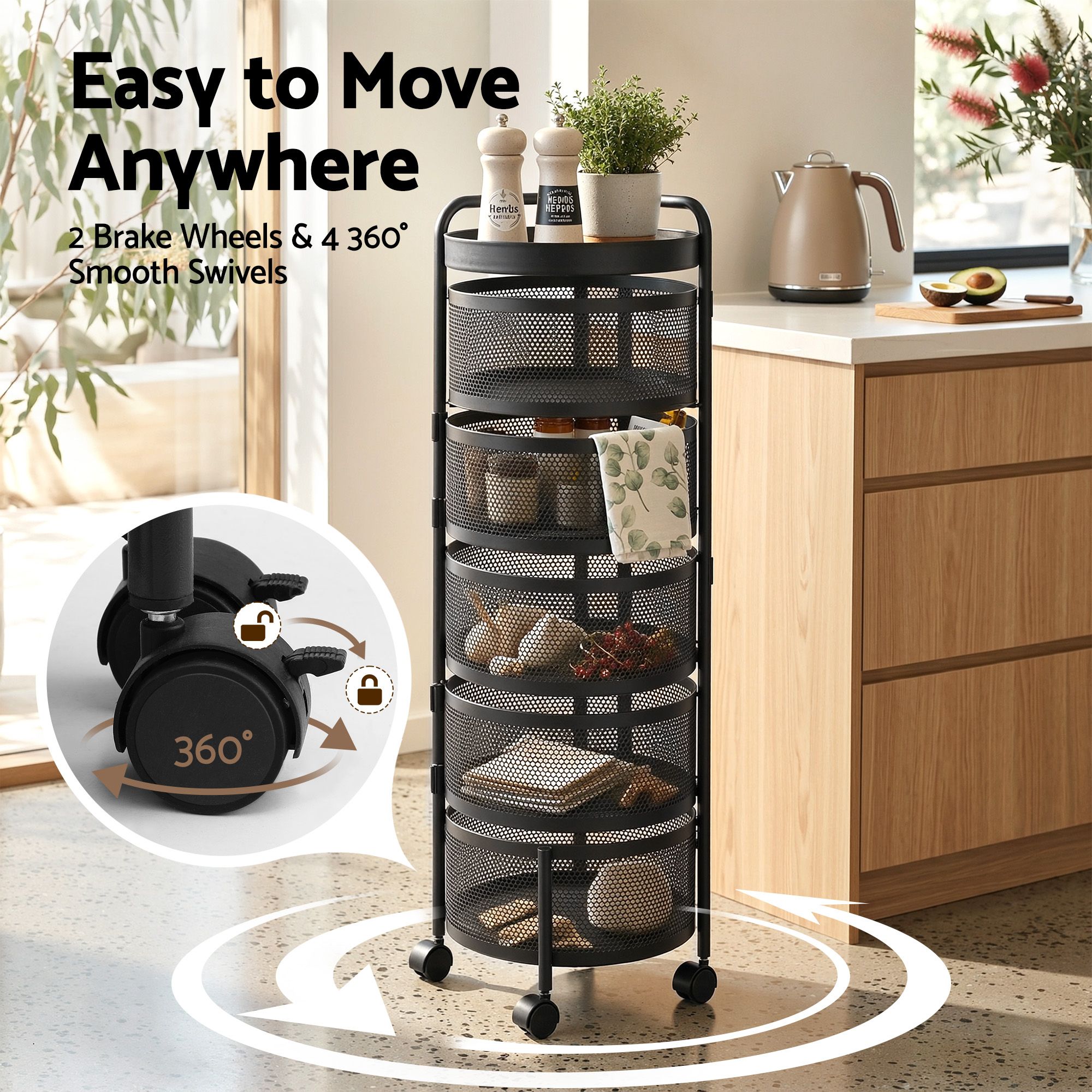 Artiss Storage Trolley Kitchen Cart 5 Tiers Storage Rack Round Basket Black - Image 6