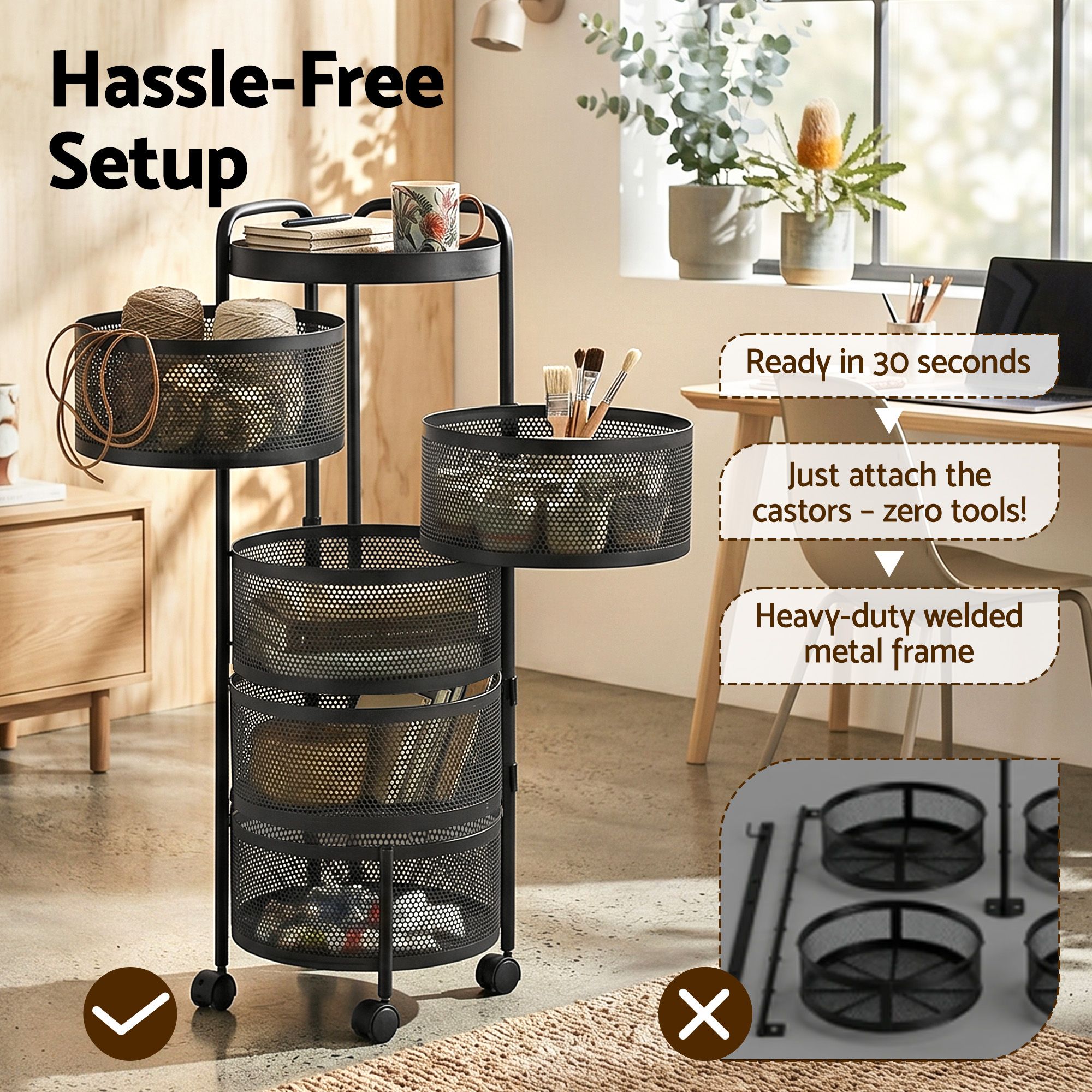 Artiss Storage Trolley Kitchen Cart 5 Tiers Storage Rack Round Basket Black - Image 7