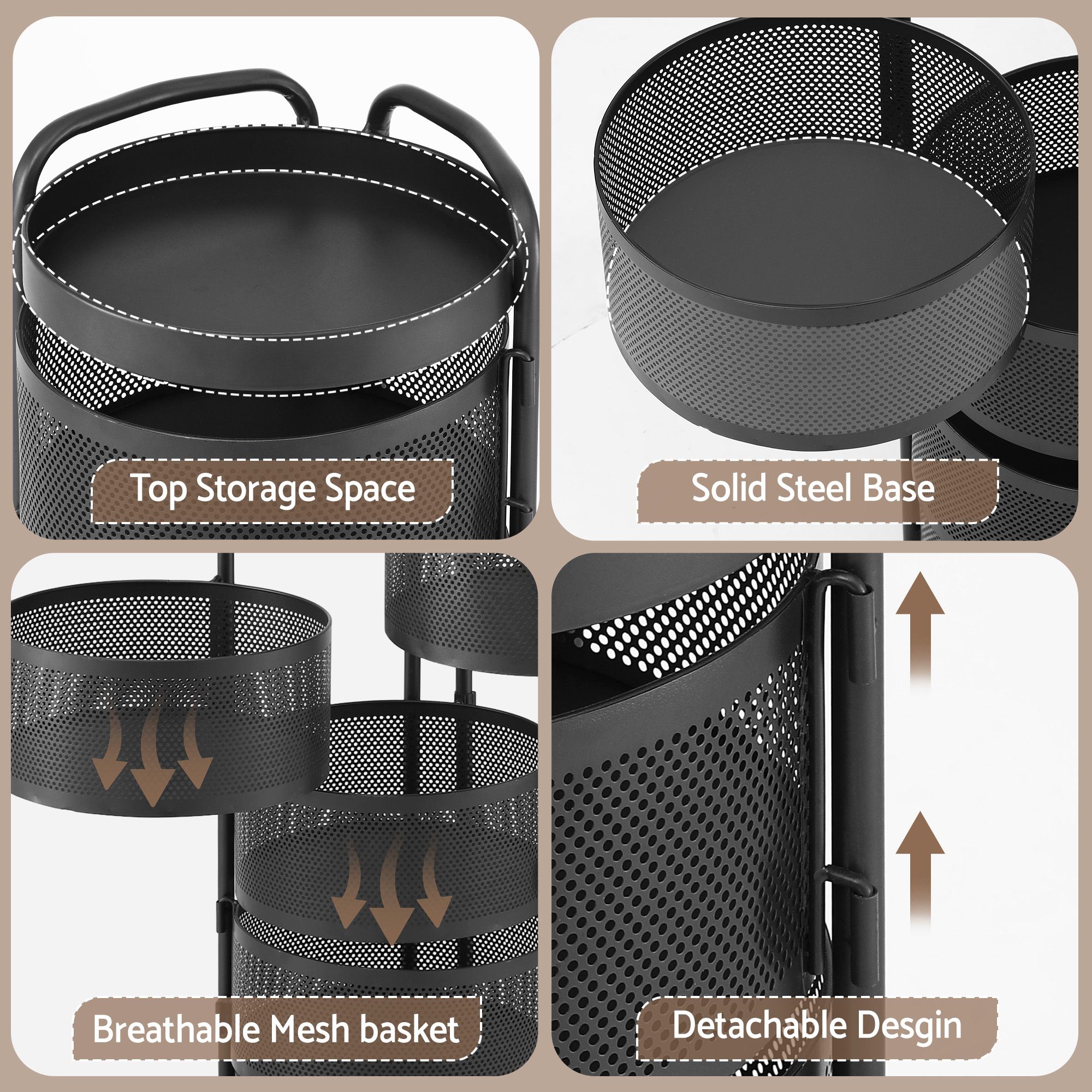 Artiss Storage Trolley Kitchen Cart 5 Tiers Storage Rack Round Basket Black - Image 8