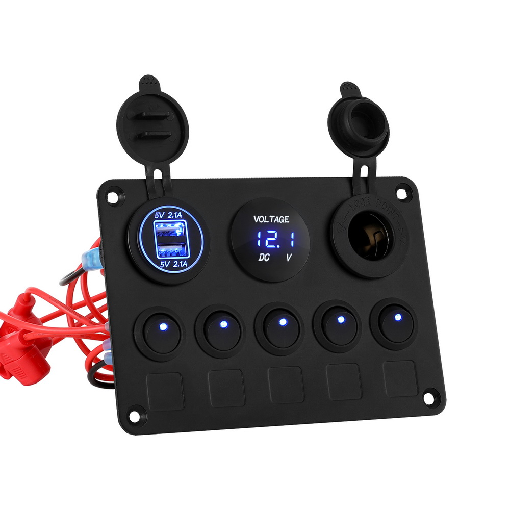 Giantz 5 Gang 12V Switch Panel For Car Boat Marine USB ON-OFF LED Rocker Toggle - Image 1