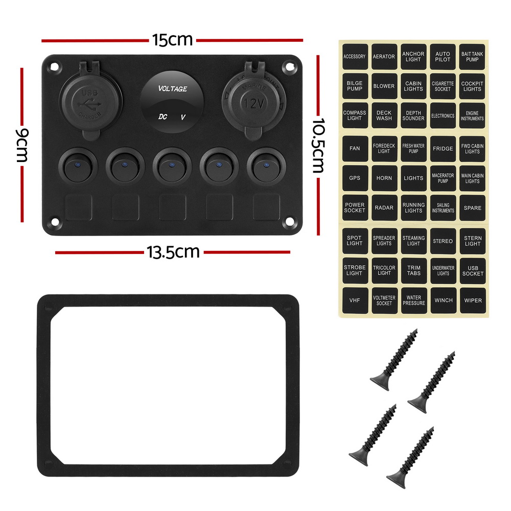 Giantz 5 Gang 12V Switch Panel For Car Boat Marine USB ON-OFF LED Rocker Toggle - Image 2