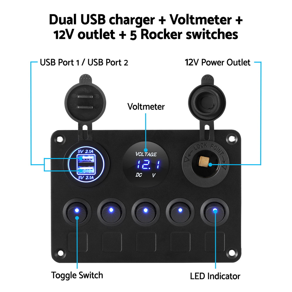 Giantz 5 Gang 12V Switch Panel For Car Boat Marine USB ON-OFF LED Rocker Toggle - Image 4