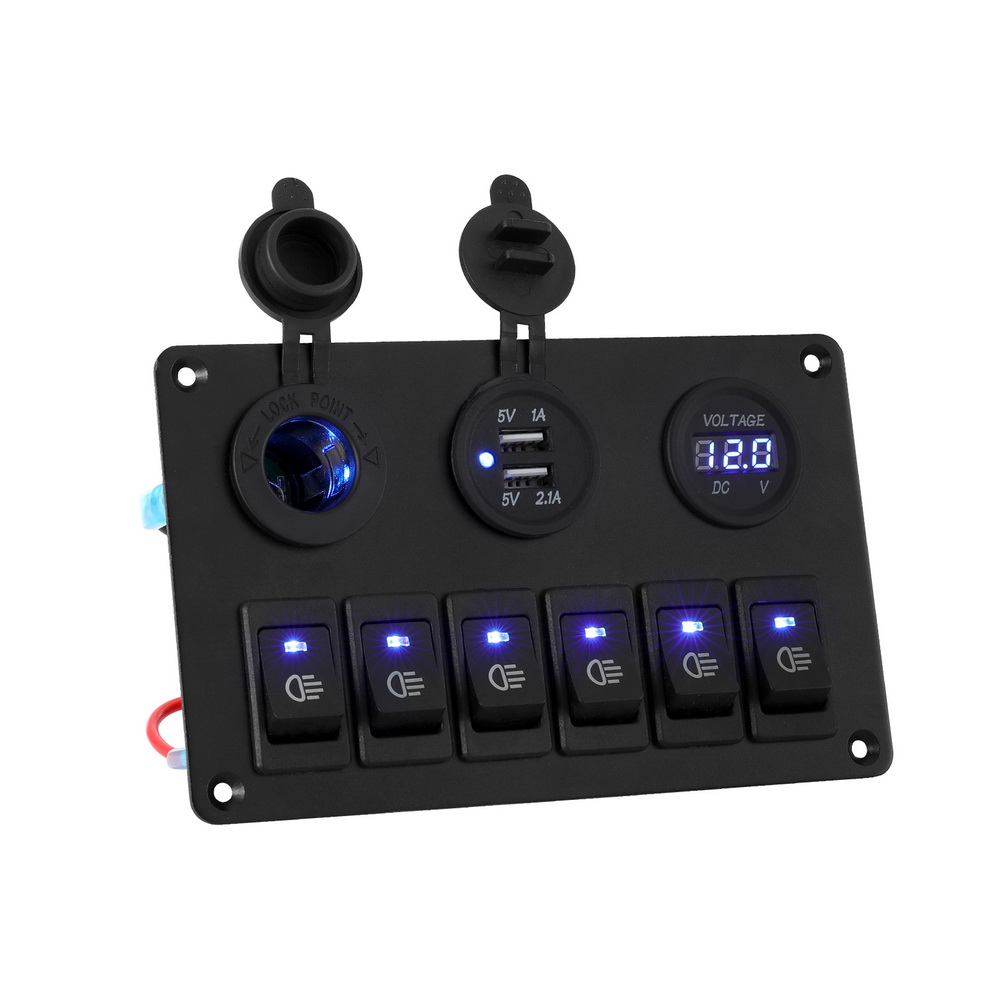 Giantz 6 Gang 12V Switch Panel For Car Boat Marine USB ON-OFF LED Rocker Toggle - Image 1