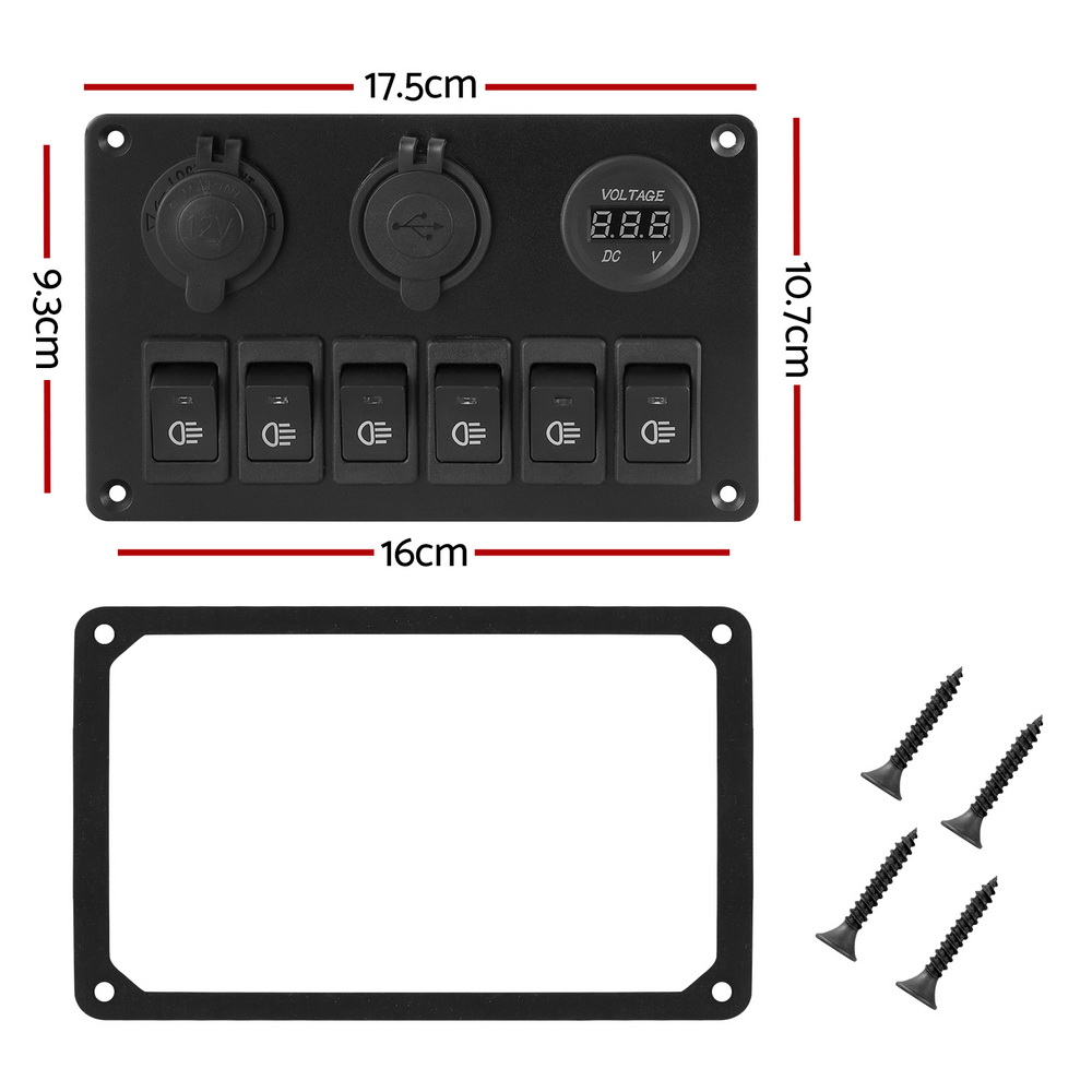 Giantz 6 Gang 12V Switch Panel For Car Boat Marine USB ON-OFF LED Rocker Toggle - Image 2