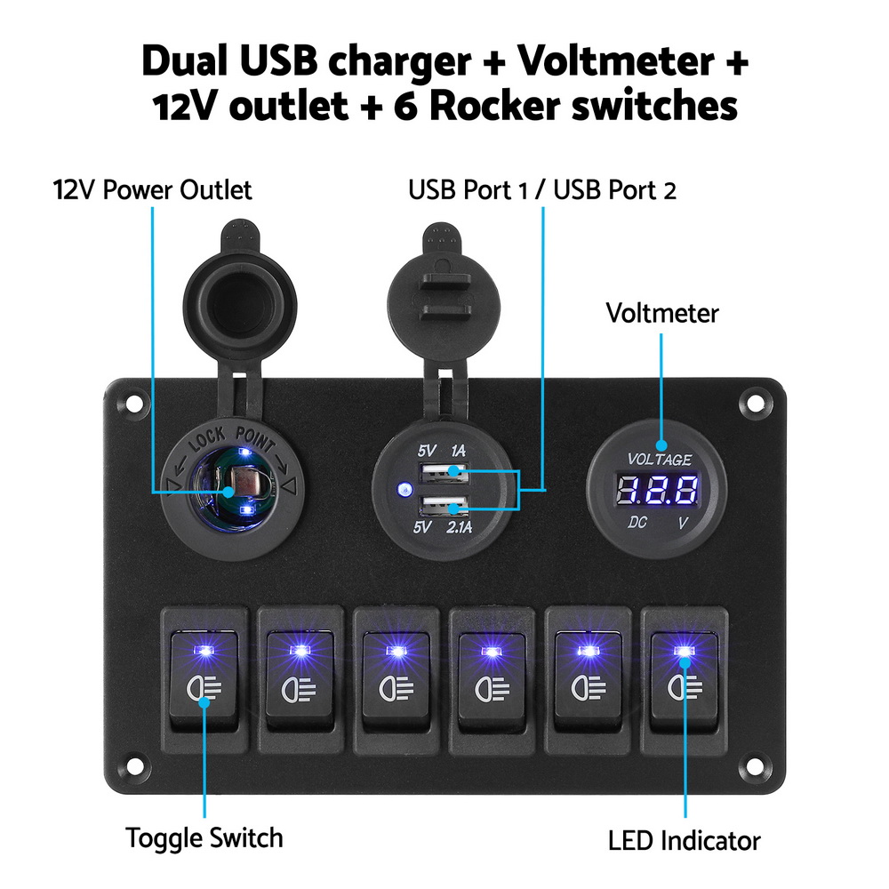 Giantz 6 Gang 12V Switch Panel For Car Boat Marine USB ON-OFF LED Rocker Toggle - Image 4