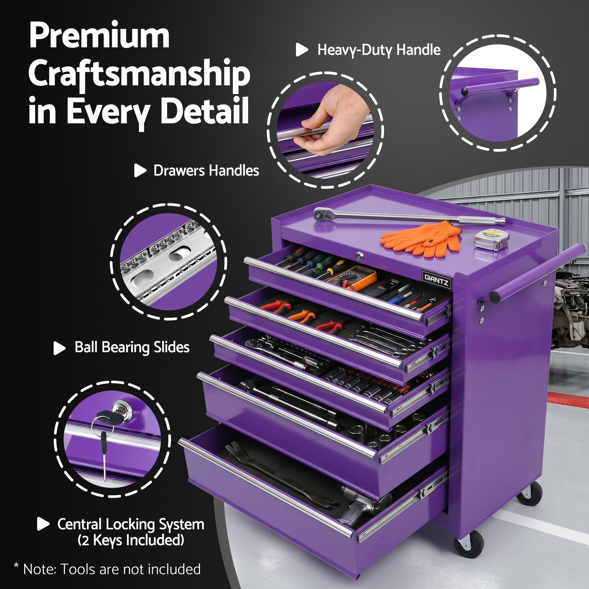 Giantz 5 Drawer Tool Chest Trolley Cabinet Toolbox Heavy Duty Garage Storage Organiser Purple - Image 5