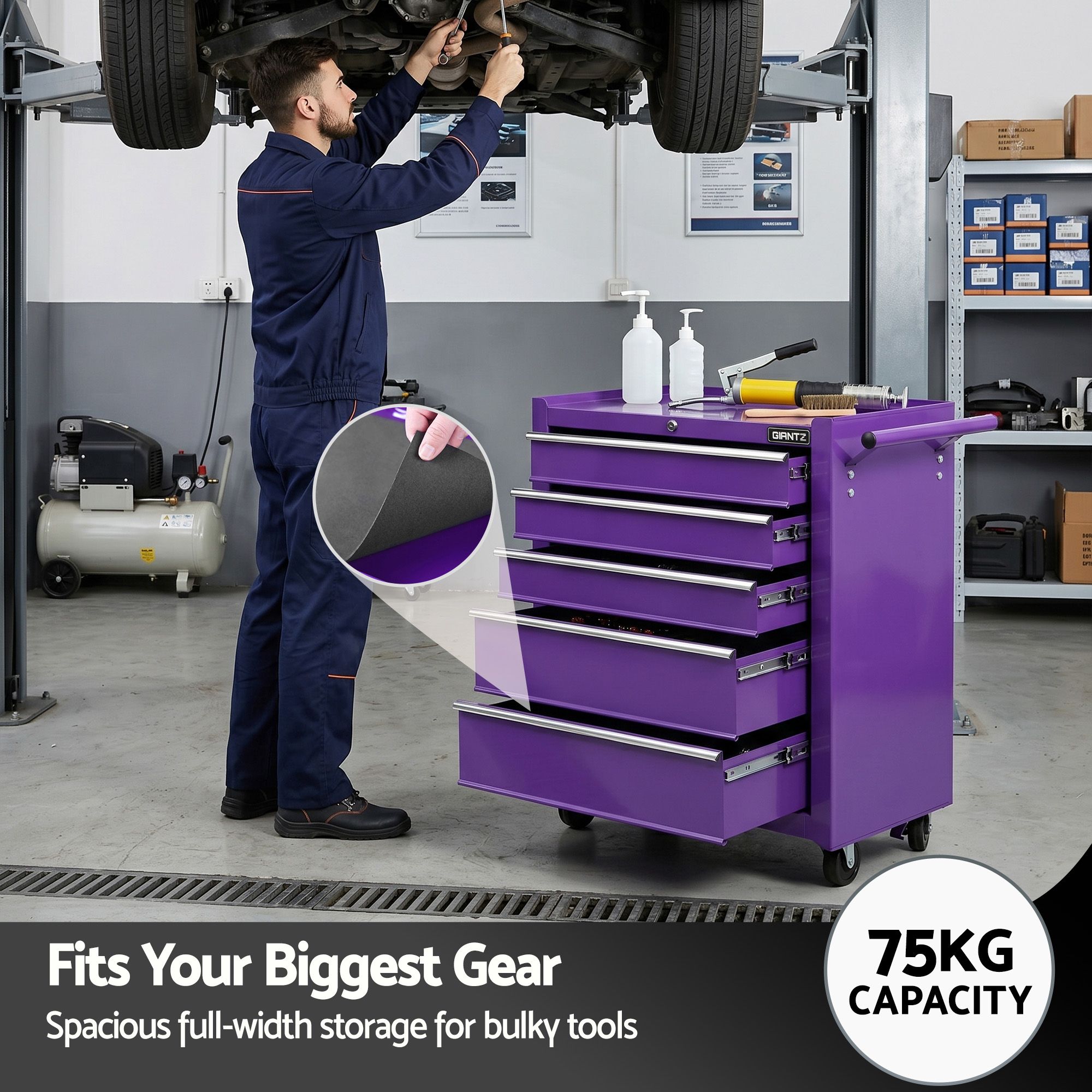Giantz 5 Drawer Tool Chest Trolley Cabinet Toolbox Heavy Duty Garage Storage Organiser Purple - Image 6