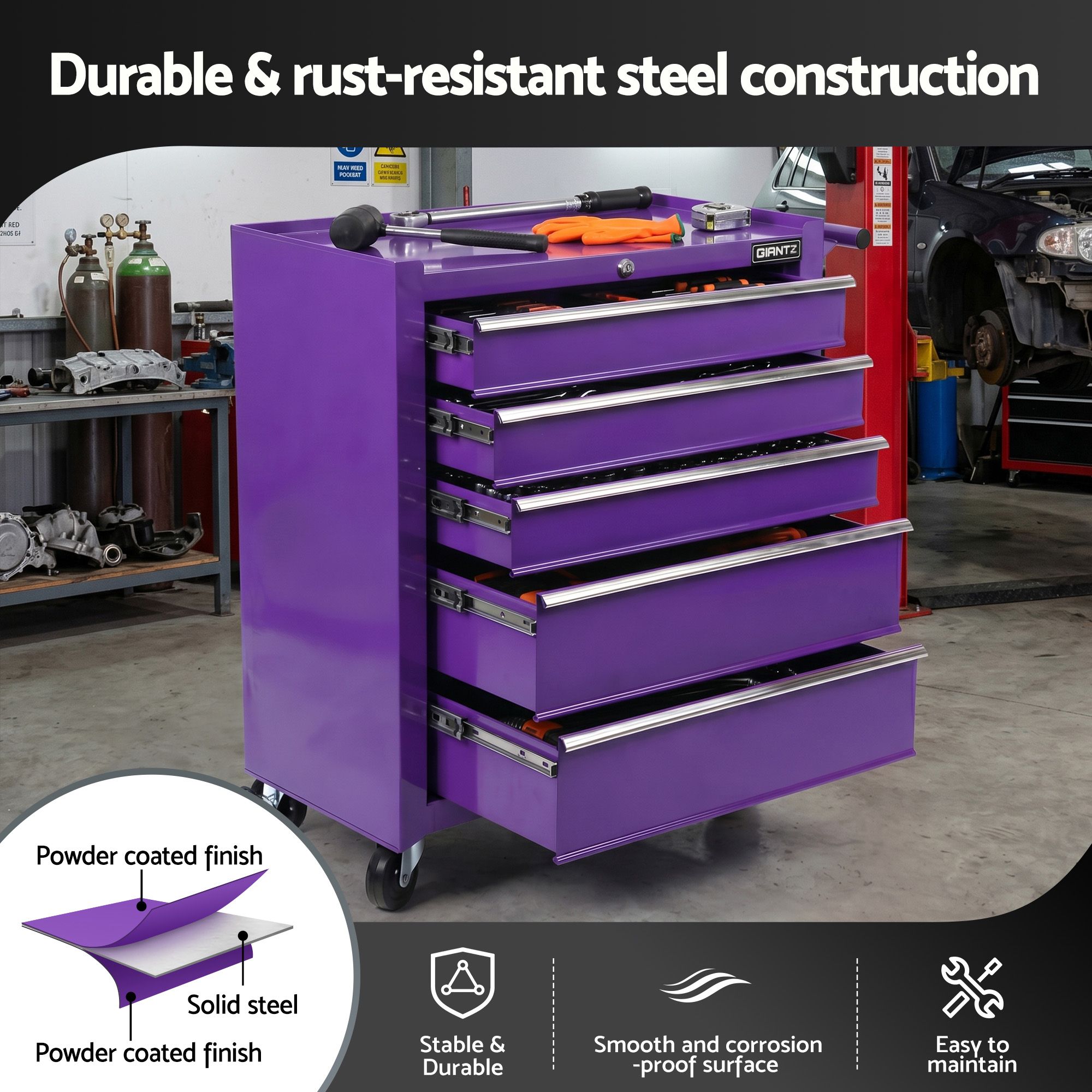 Giantz 5 Drawer Tool Chest Trolley Cabinet Toolbox Heavy Duty Garage Storage Organiser Purple - Image 7