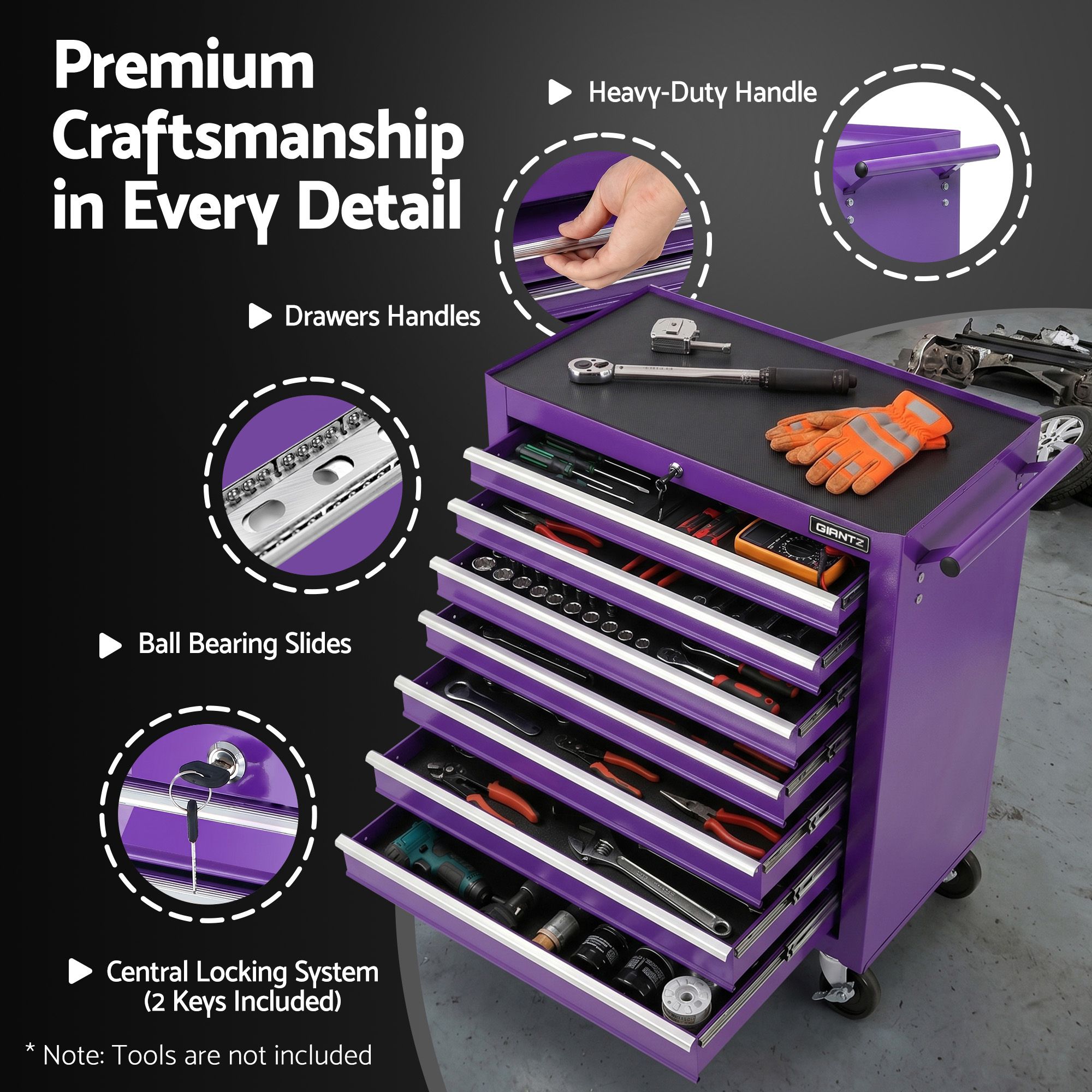 Giantz 7-Drawer Tool Chest Trolley Cabinet Toolbox Heavy Duty Garage Storage Organiser Purple - Image 2