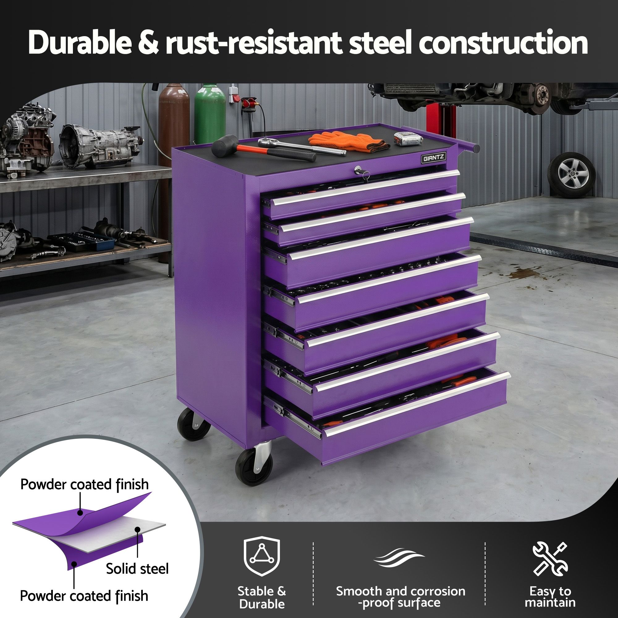 Giantz 7-Drawer Tool Chest Trolley Cabinet Toolbox Heavy Duty Garage Storage Organiser Purple - Image 4