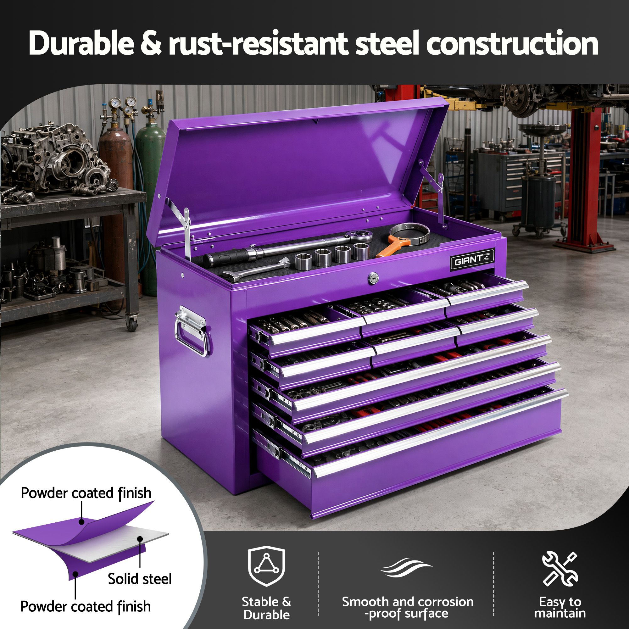 Giantz 9-Drawer Tool Cabinet Chest Toolbox Heavy Duty Garage Storage Organiser Purple - Image 7