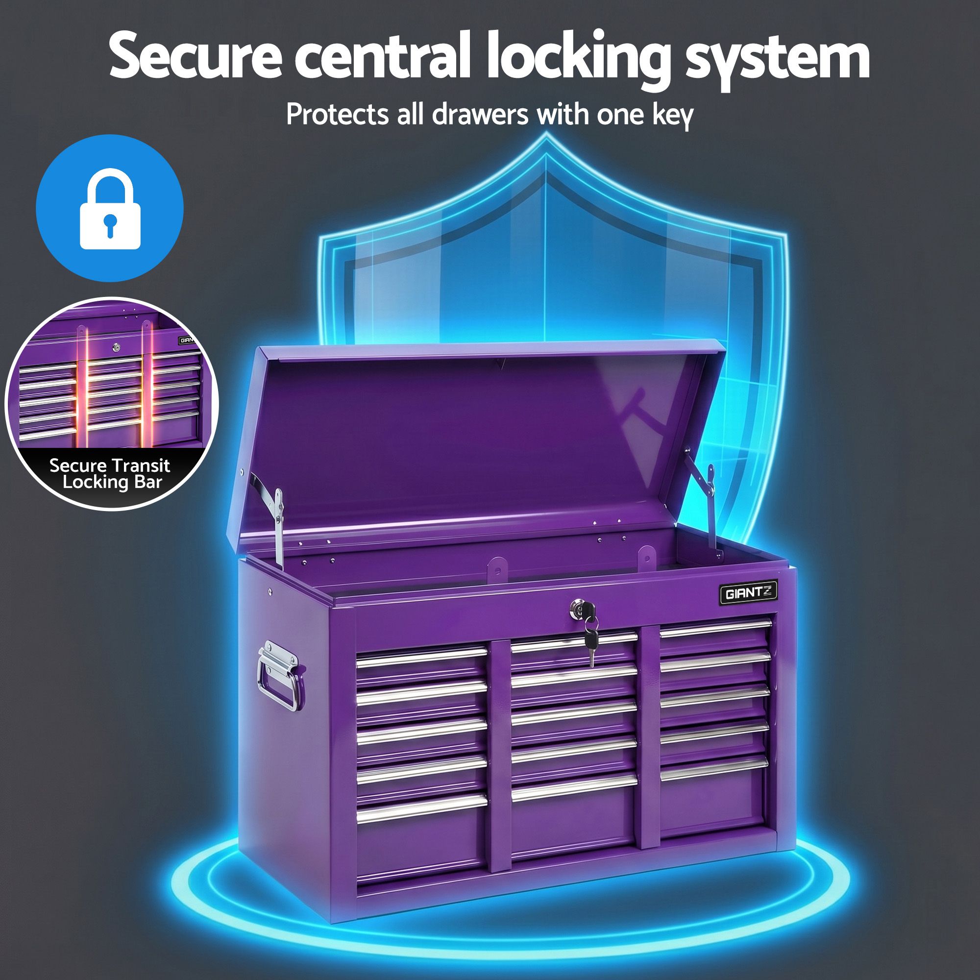 Giantz 9-Drawer Tool Cabinet Chest Toolbox Heavy Duty Garage Storage Organiser Purple - Image 8