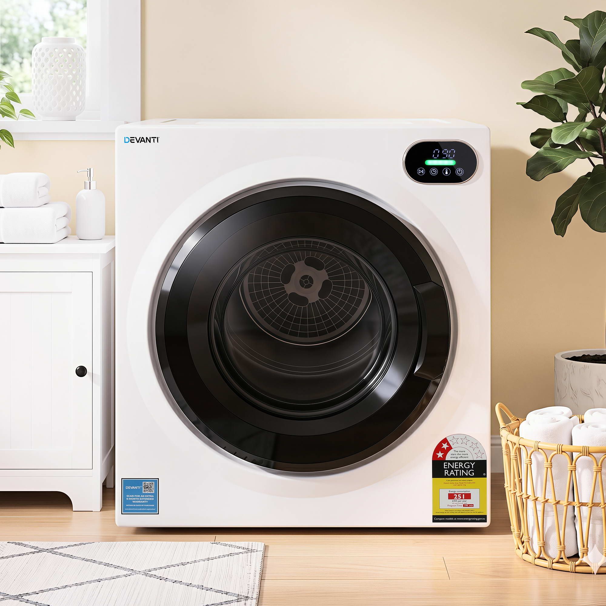 Devanti 6kg Tumble Dryer, Intelligent Touch Screen Clothes Dryer with 4 Drying Modes Stainless Steel Drum, 54x60x67.5cm - Image 1